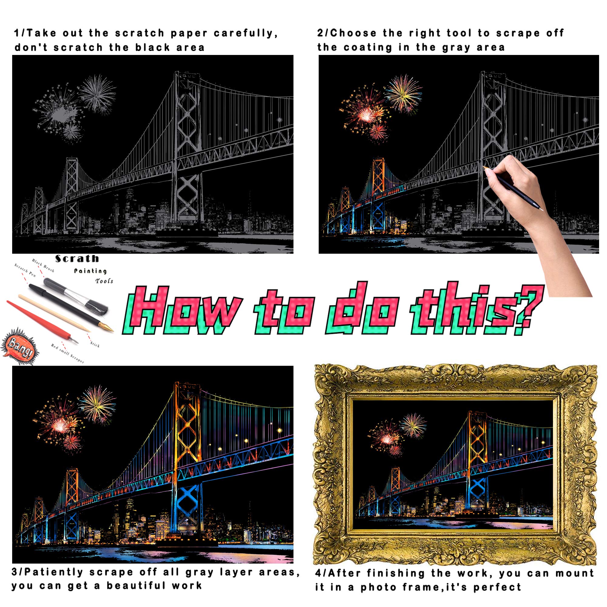 DESINIK Scratch Painting Kits for Adults Rainbow Painting Art Paper World Famous City DIY Night View Scratchboard for Adults with 4 Tools,Size 11.2''x16'' (Seattle) - Image 2