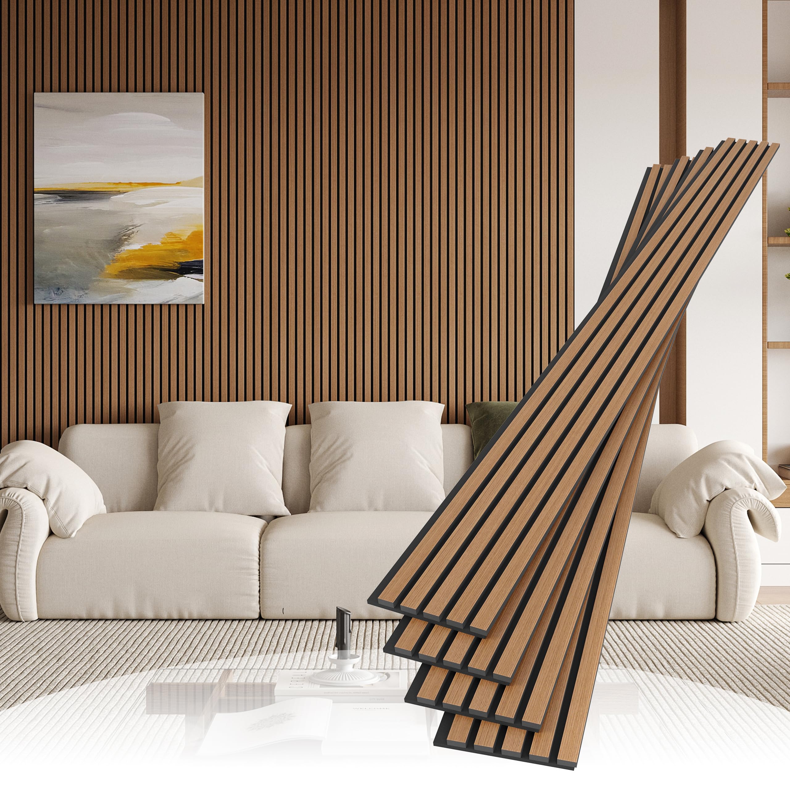 4 Pack Wood Slat Wall Wood Paneling,95 x 8 in Soundpoof Wooden Engineered Wood Slat Wall Panels,Stylish Acoustic Wall Panels for Interior Wall Decor with Felt Backing,Light Brown
