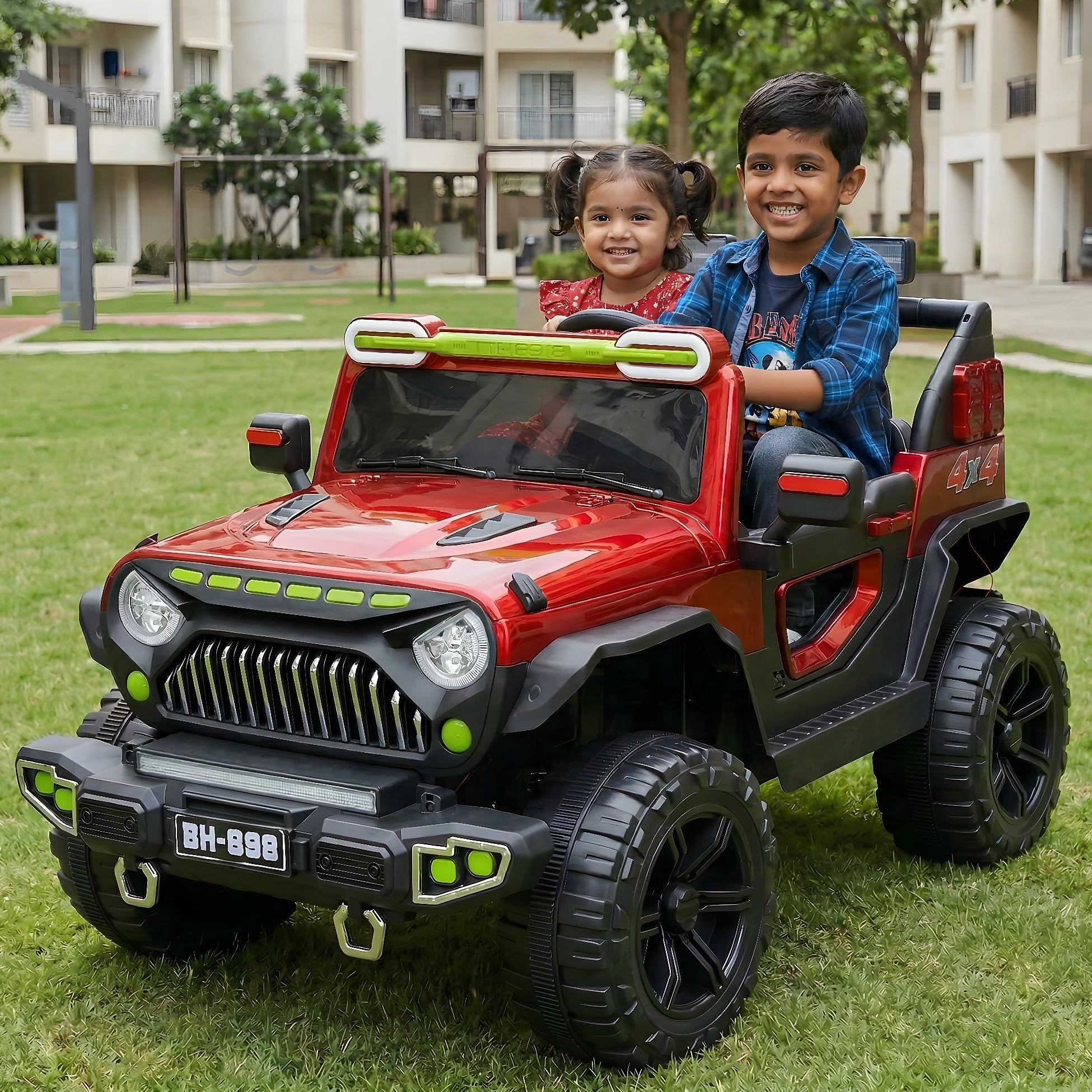 Kids Electric Ride-On EV Car – Battery Operated Jeep for Kids to Drive |Dual Control (Manual + Steering) Ride-On Toy with RGB Windshield Light & Music, Electric Jeep Battery Car, Baby Big Cars 1-8 Yrs
