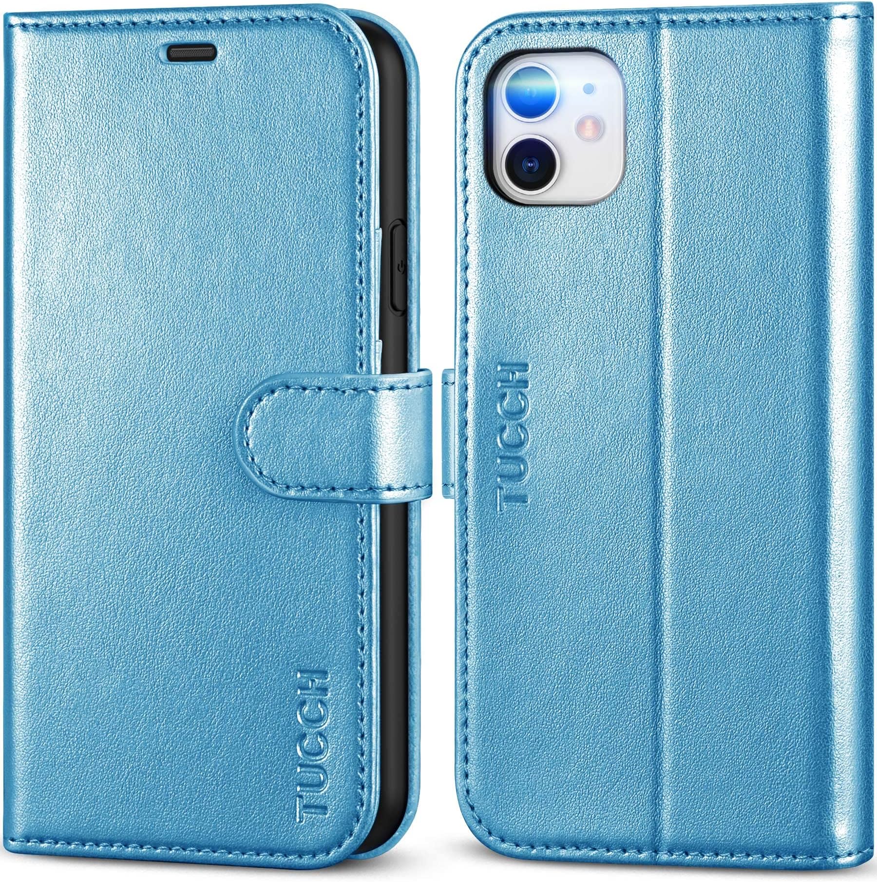 TUCCHCase for iPhone 11 Wallet Case, RFID Blocking Card Slot Holder [TPU Interior Case], Magnetic Folio PU Leather Stand Flip Cover Compatible with iPhone 11 6.1" 2019, Shiny Light Blue