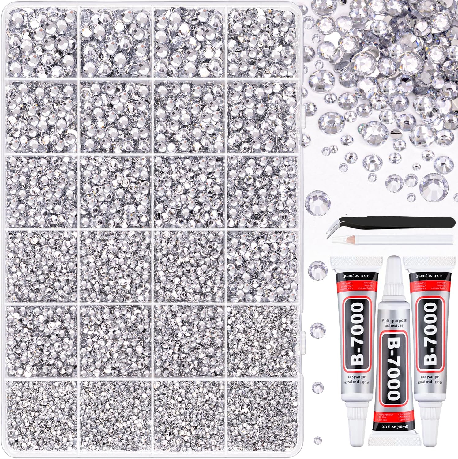 25000Pcs Resin Rhinestones with Tweezers for Crafting, Clear Non Hotfix Flatback Gems, Bedazzling Crystal with 3Pcs 10ml B7000 Jewelry Glue for DIY Crafts Clothing Tumblers Shoes Fabric Decor