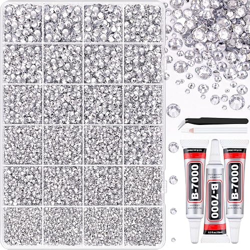 25000Pcs Resin Rhinestones with Tweezers for Crafting, Silver Clear Flatback Gems, Bedazzling Crystal with 3Pcs 10ml B7000 Jewelry Glue for DIY Crafts Clothing Tumblers Shoes Fabric Nail Art