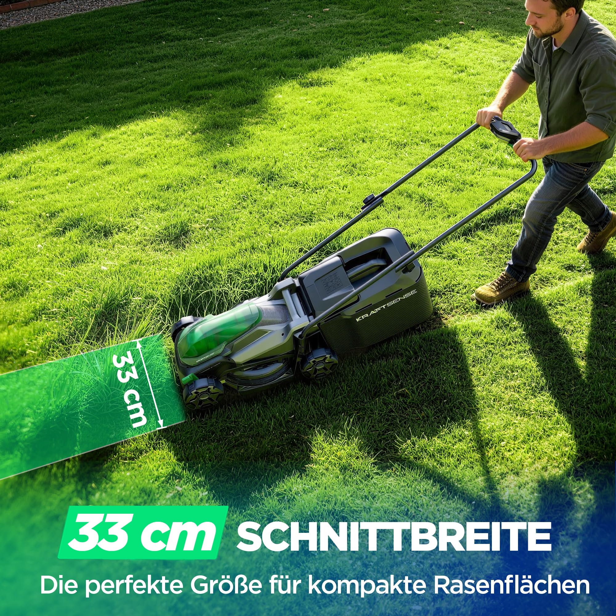Akku-Rasenmäher für kleine Gärten, 33 cm Arbeitsbreite, bürstenloser Antrieb, 2-in-1 Mulchen & Fangen, mit 5,0 Ah Akkus für bis zu 300 m² pro Ladung, inkl. Typ-C-Ladekabel