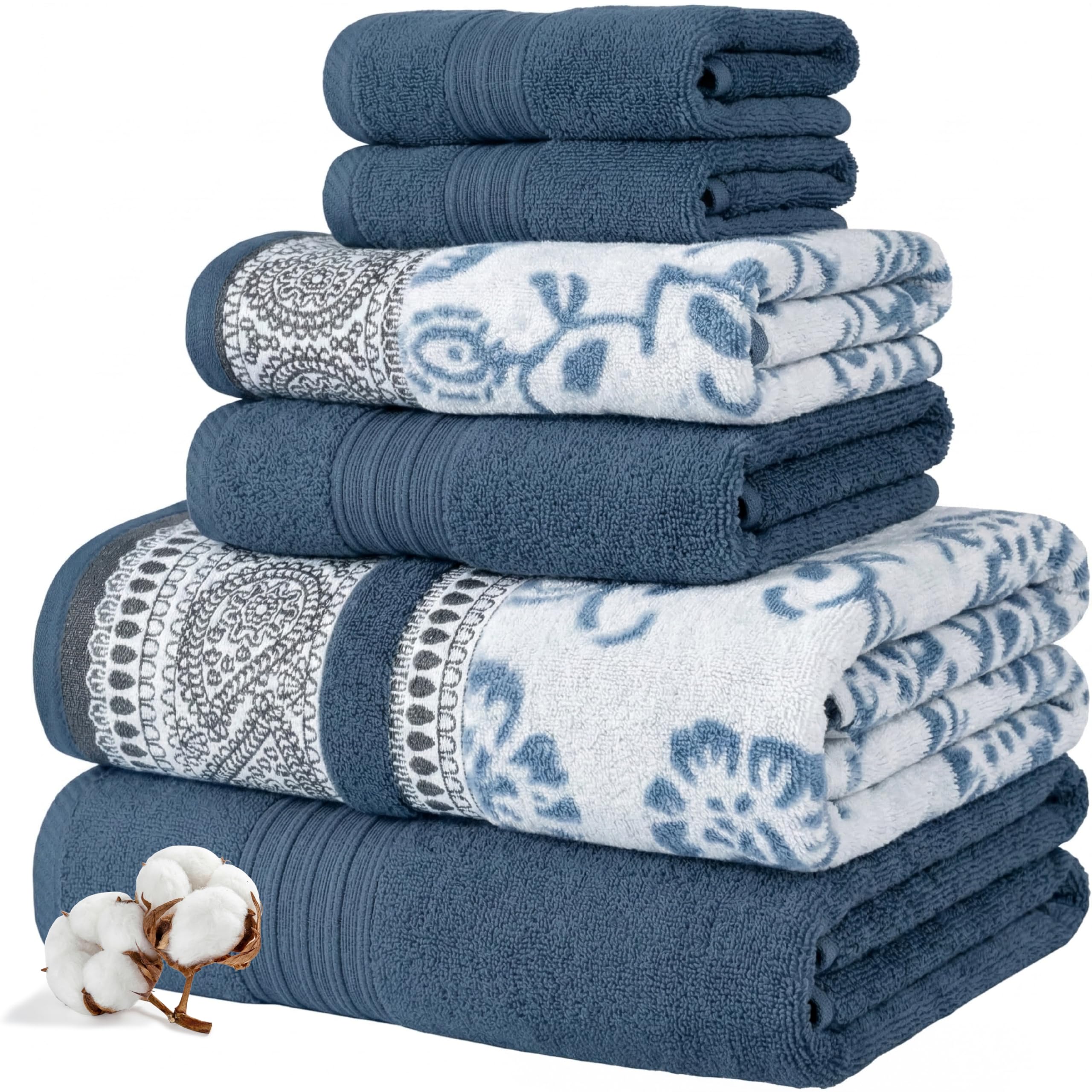 Modern Threads 6 Piece Set, 2 Bath Towels, 2 Hand Towels, 2 Washcloths Yarn Dyed Jacquard/Solid Towel Set Ophelia Blue