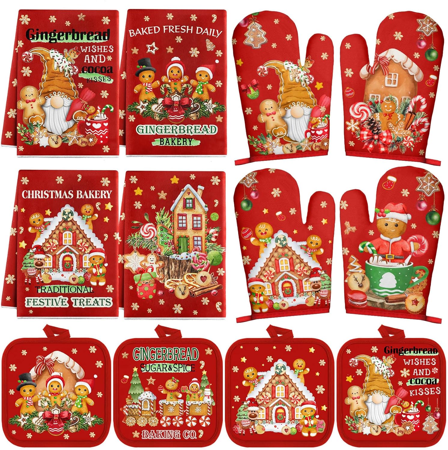 クリスマスキッチンタオルポットホルダーとオーブンミット12個セット ジンジャーブレッドマンディッシュタオル4枚 ジンジャーブレッドハ
