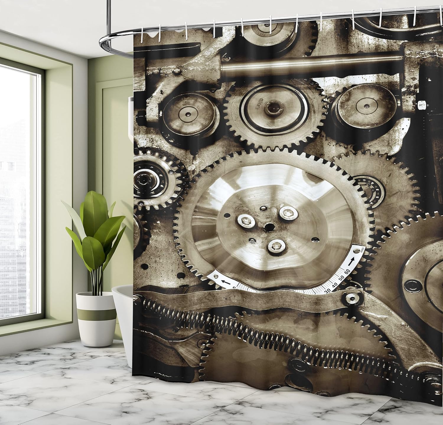 Ambesonne Industrial Shower Curtain, Pieces of Old Mechanism Close up Gears View Grunge Antique Cogs Technical Image Print, Cloth Fabric Bathroom Decor Set with Hooks, 69" W x 70" L, Sepia