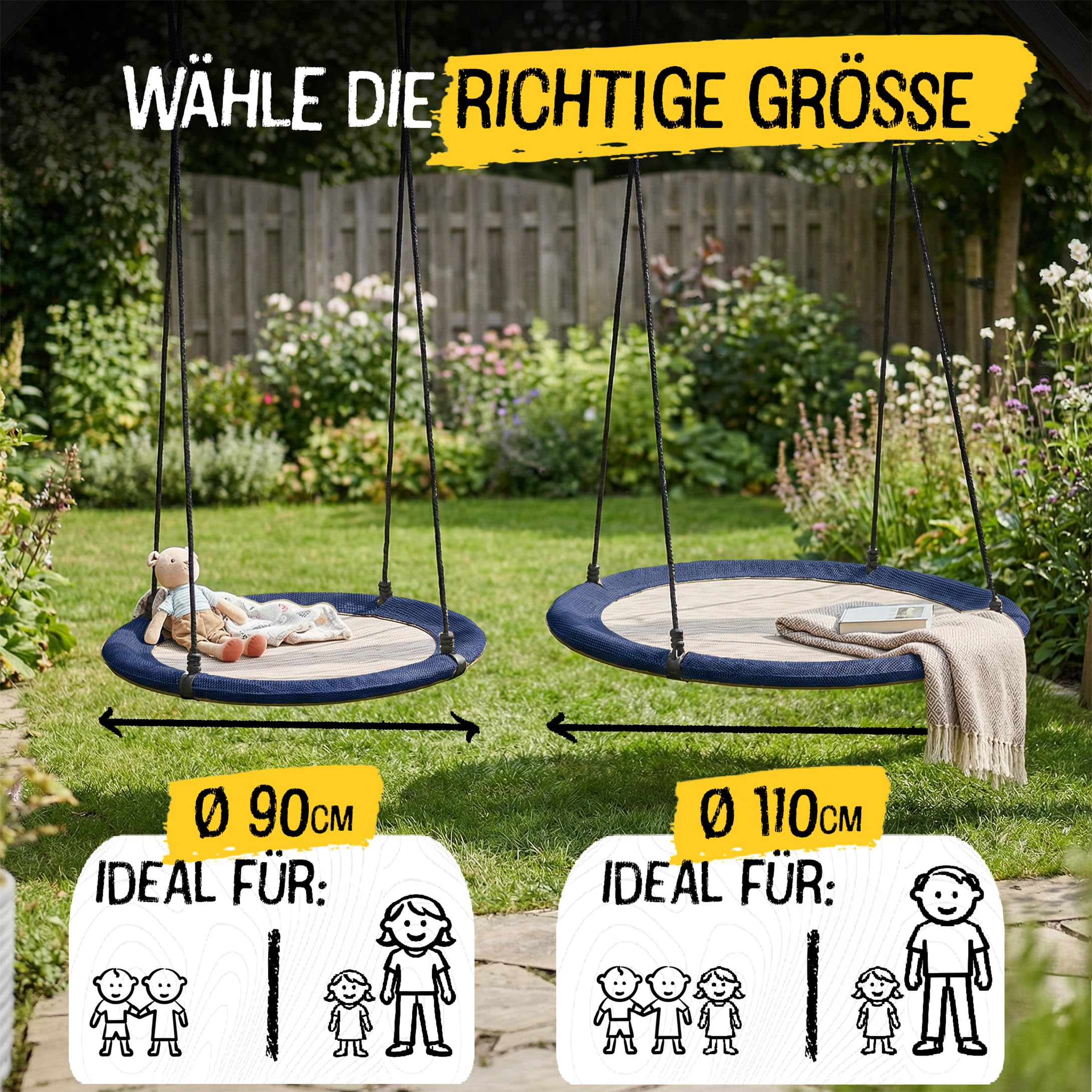 FRIEDO Nestschaukel Outdoor 90/110 cm I Netzschaukel bis 150 kg I Wasserabweisend & UV-beständiger Bezug I Höhenverstellbar I Rostfreier Stahlrahmen I Kein Ausbleichen I Korbschaukel schnell montiert - 4