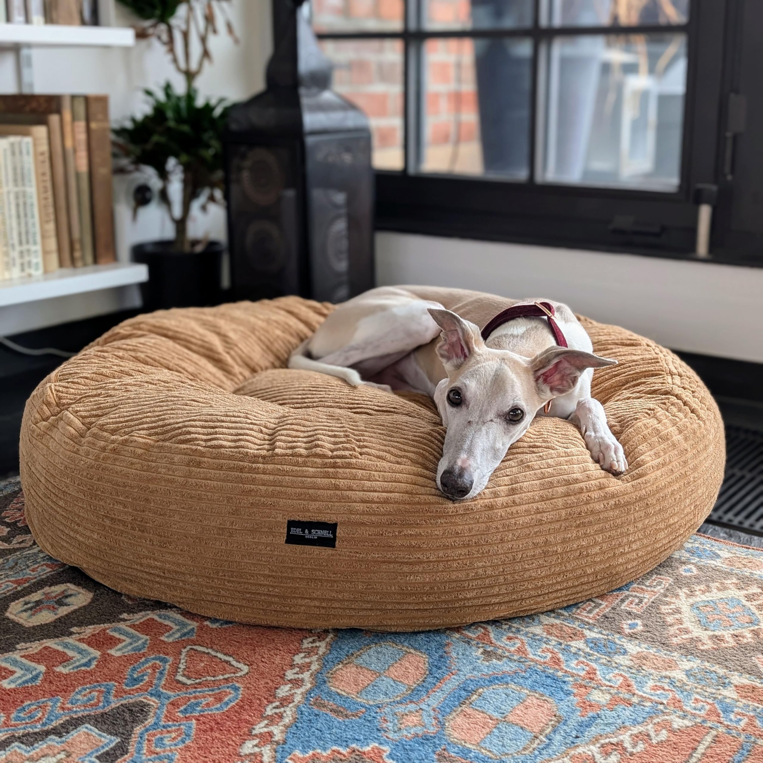 EDEL&SCHNELL orthopädisches Hundebett handgefertigt rund in der Farbe Sand mit robuster Cord Oberfläche, Whippet Greyhound Galgo Hundebett waschbar, 125 cm Durchmesser