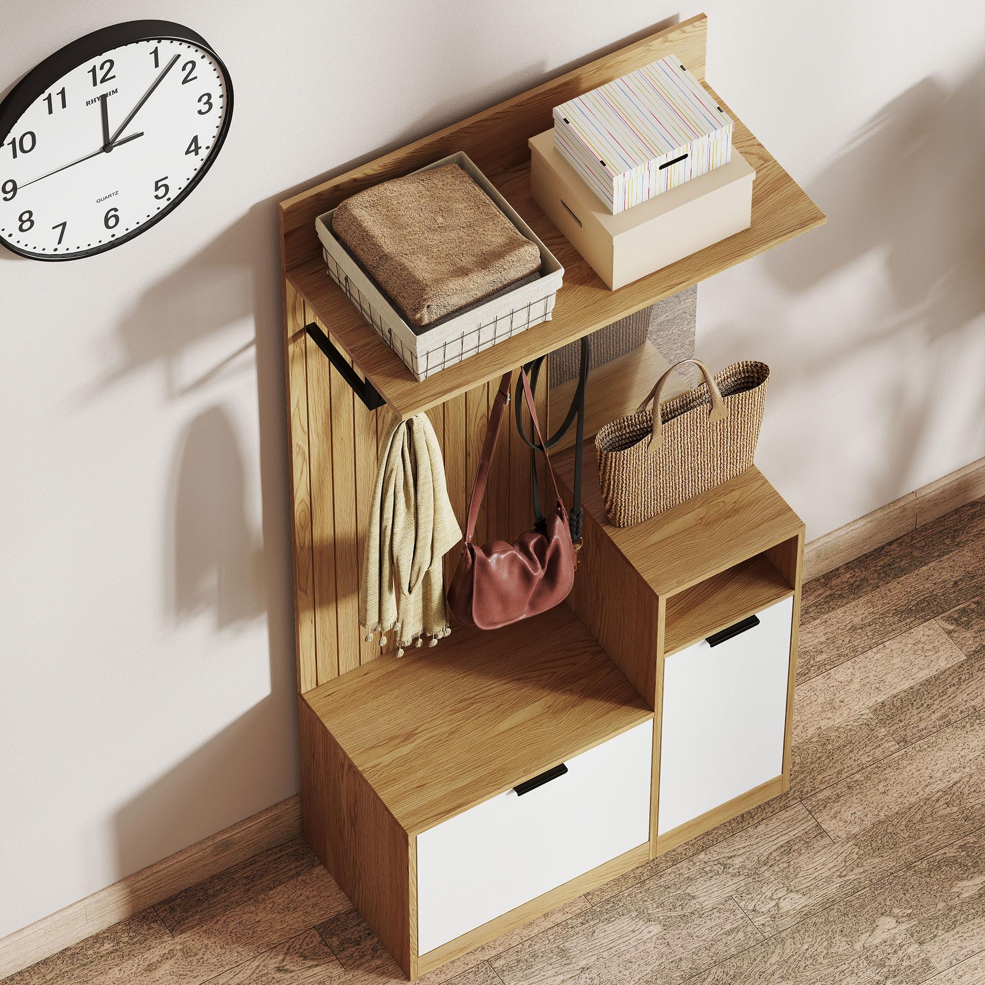 HOMCOM Appendiabiti da Ingresso con Specchio, 4 Ganci, Panca e Scarpiera, Mobile Appendiabiti con Armadietto e Ripiano Aperto, Gambe in Legno, per Ingresso Corridoio, Rovere e Bianco