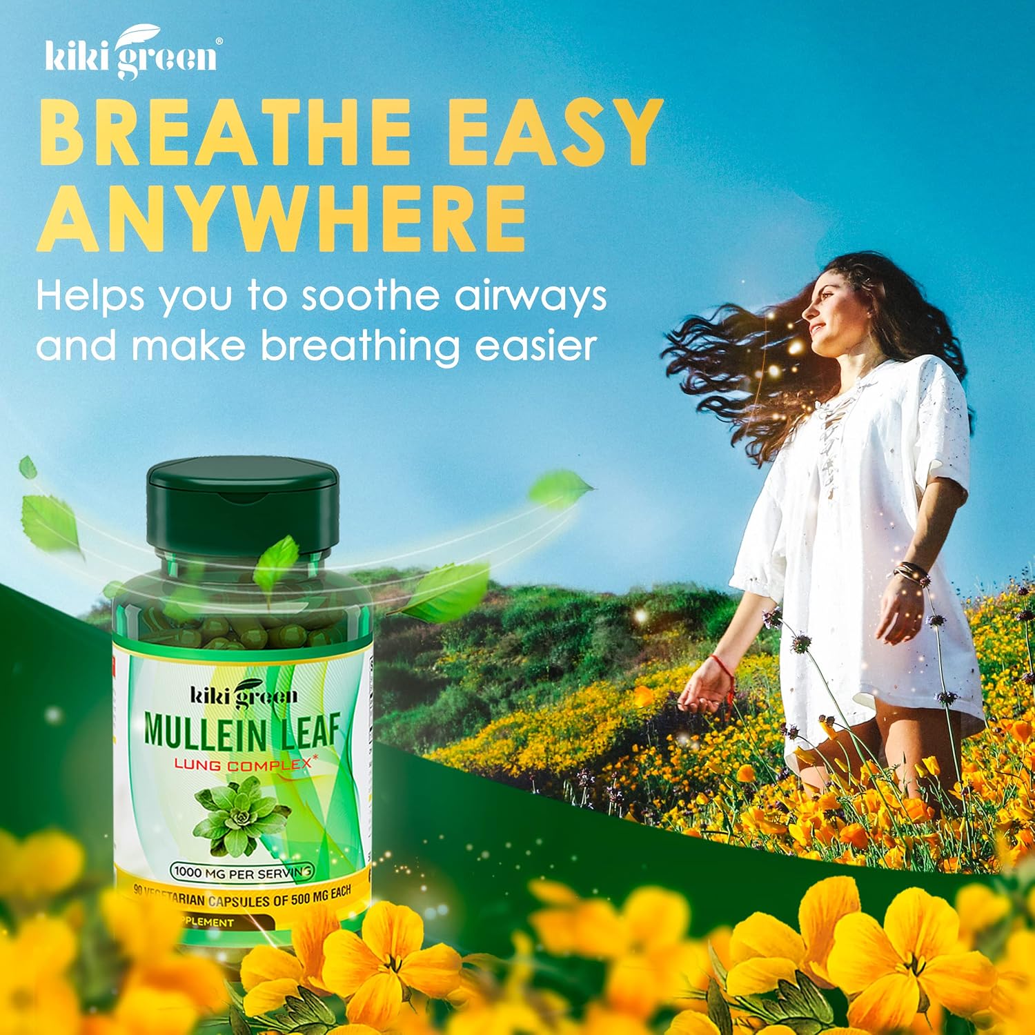 KIKI Green Mullein Leaf Capsules - Lung Cleanse - Mullein Leaf Extract 1000mg Herbal Supplement, 90 Vegan Capsules for Daily Use