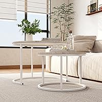 Vista 6 de HOJINLINERO Juego de Mesa de Centro Redonda de 2 Mesas Auxiliares para Sala de Estar, Mesa de Centro Blanca Moderna Mesas Anidadas, Mesas de Sala