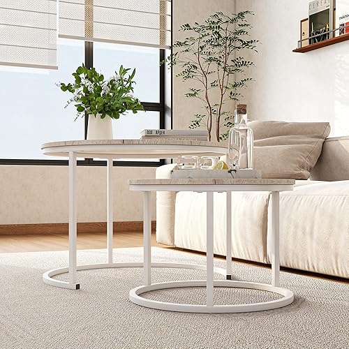 Miniatura 54 de HOJINLINERO Juego de 2 mesas de centro redondas para sala de estar, mesa de centro pequeña negra, mesa de estar, mesas anidables con marco de metal,