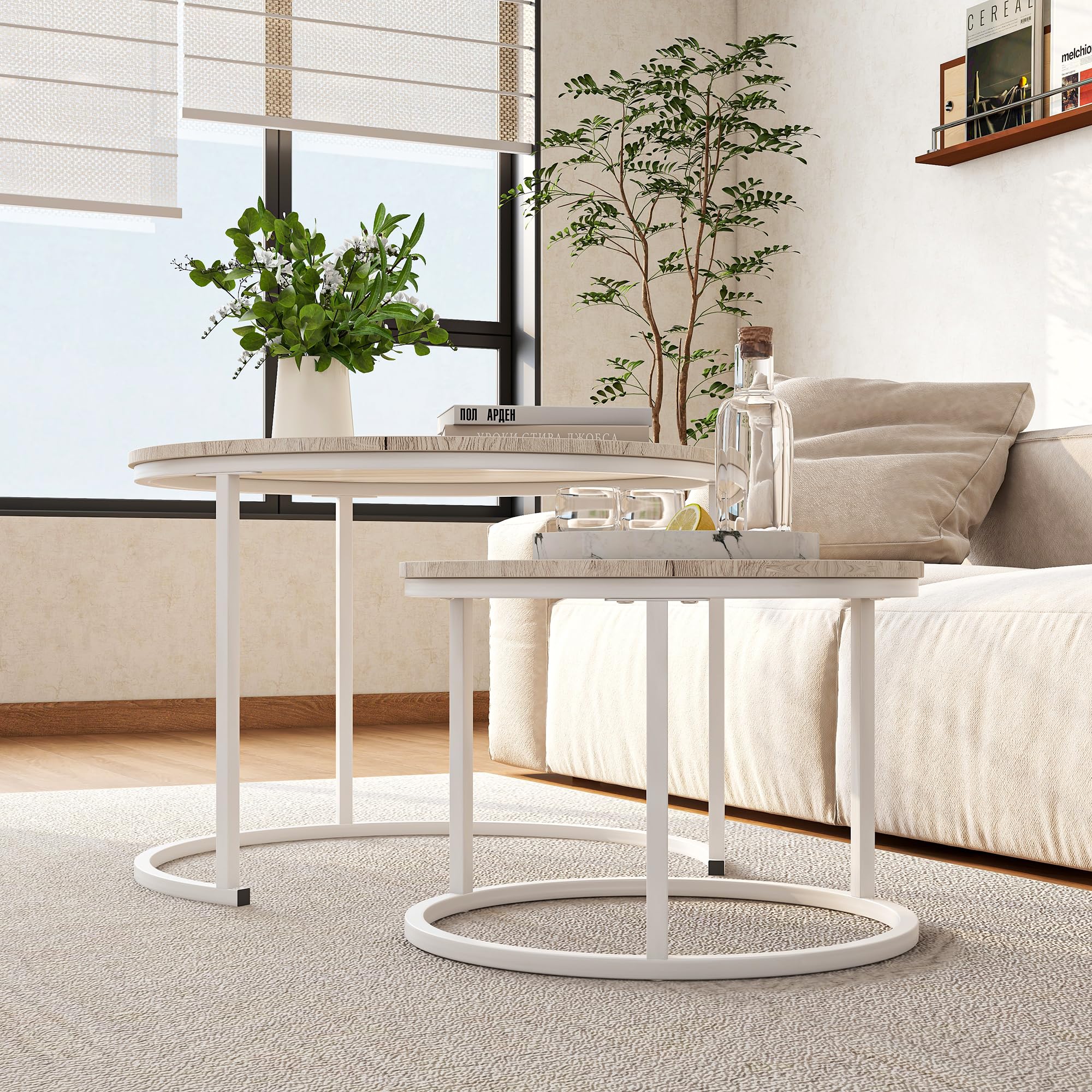 HOJINLINERO Juego de 2 mesas auxiliares redondas para sala de estar, mesa de roble resistente y fácil de montar, moderna apilable para dormitorio