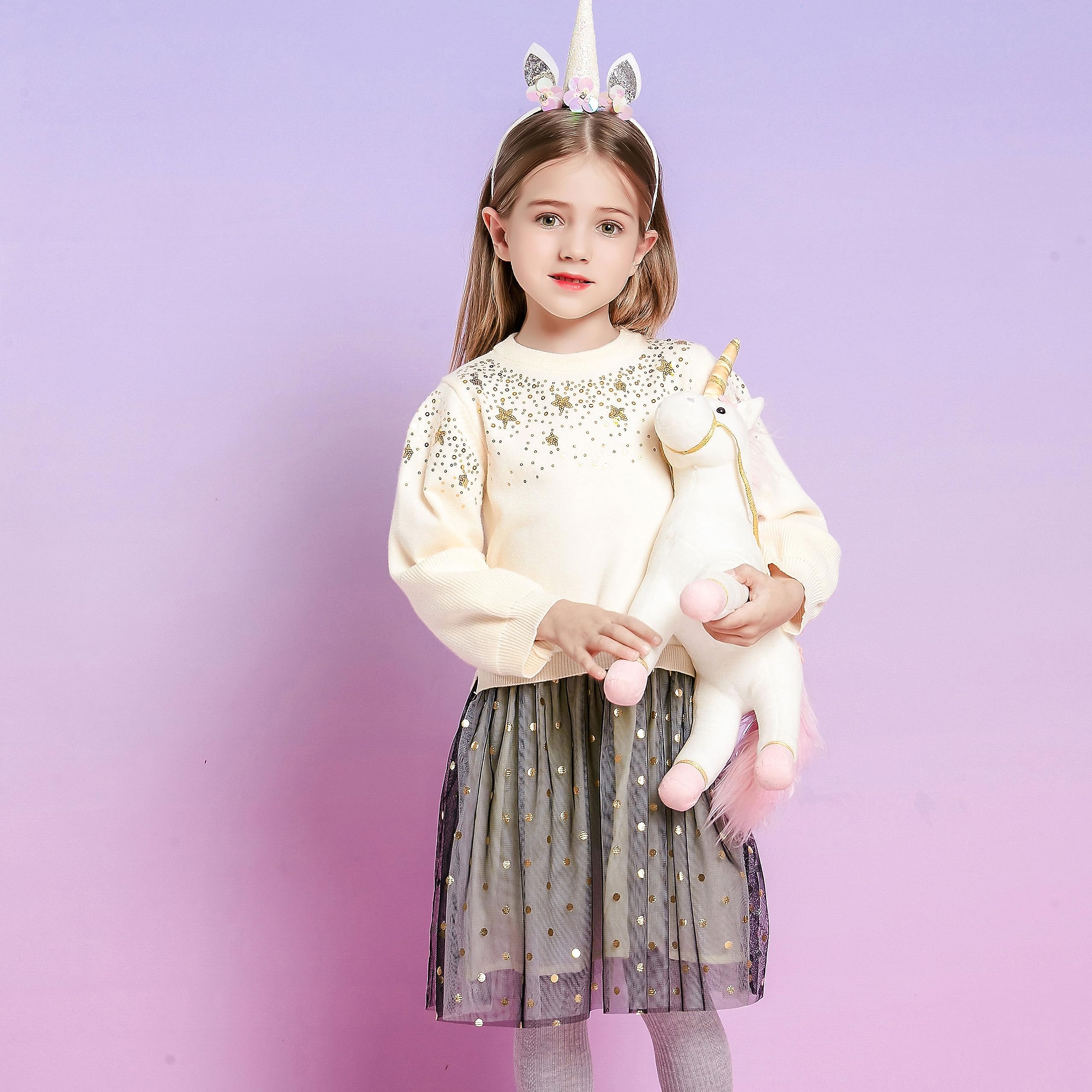 VIKITA Vestito Maglioncino Bambina Maglieria Unicorno Tulle Abiti