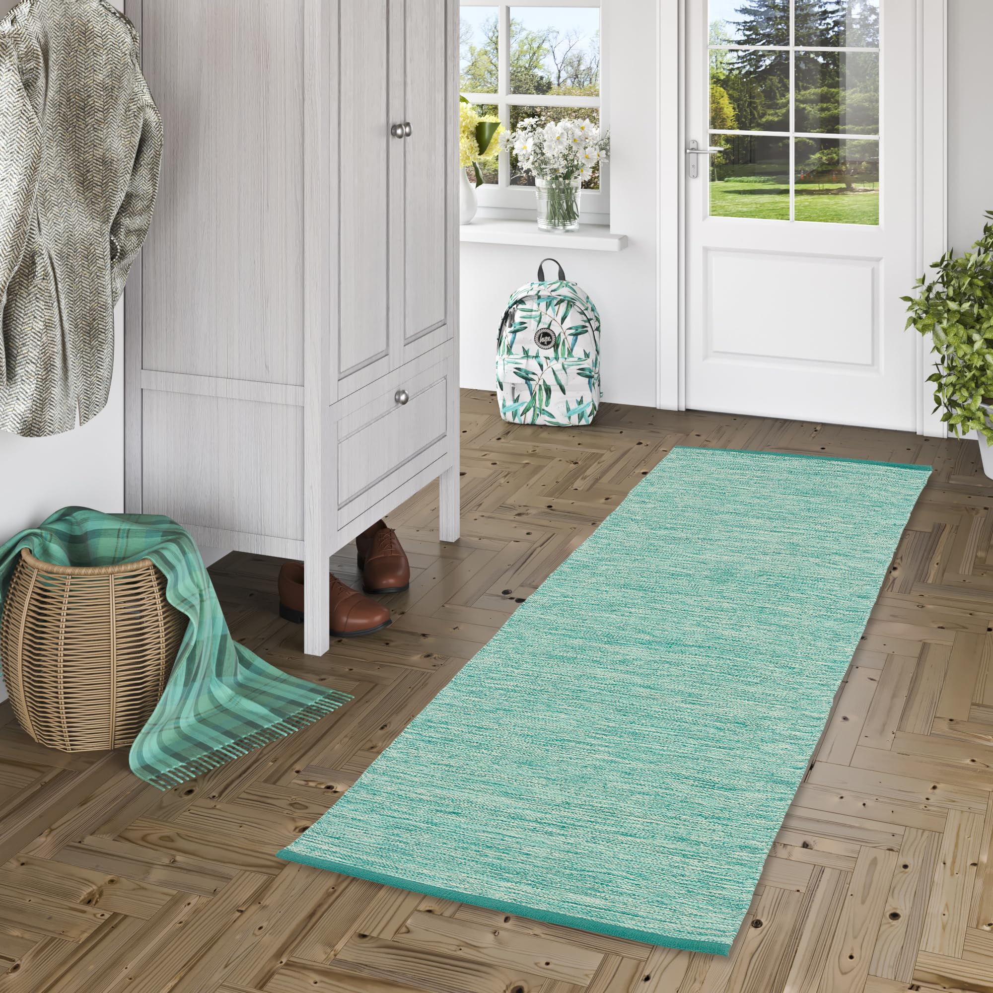 Pergamon Tapis Kilim en Coton Naturel - Couloir, Turquoise Chinée, Durable et Facile à Nettoyer - Idéal pour Salon, Couloir ou Chambre
