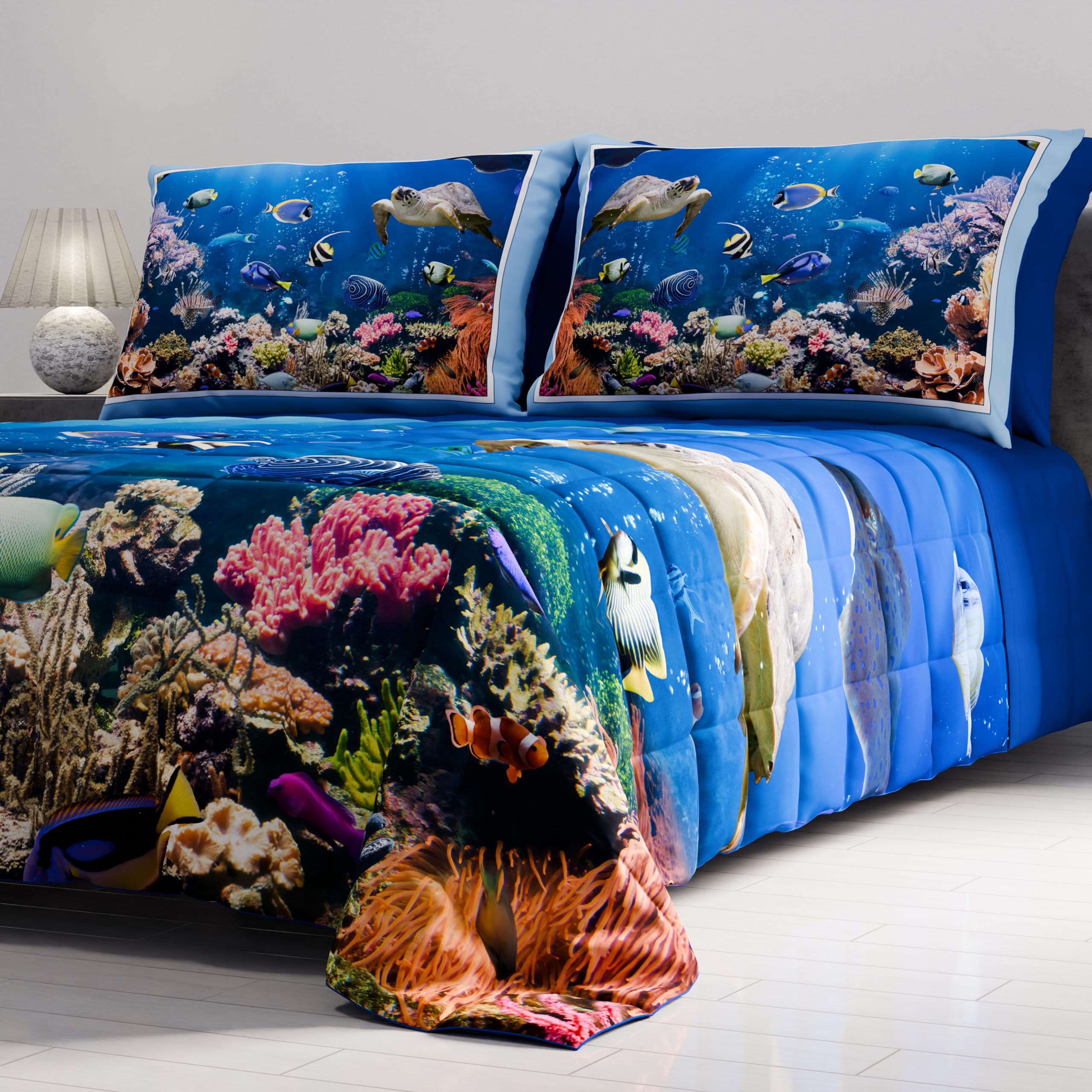 PETTI Artigiani Italiani - Copriletto Matrimoniale Estivo 260x270cm 100 g/m² Double Face, Trapuntino Matrimoniale Primaverile, Trapunta Leggera, Acquario, 100% Made in Italy
