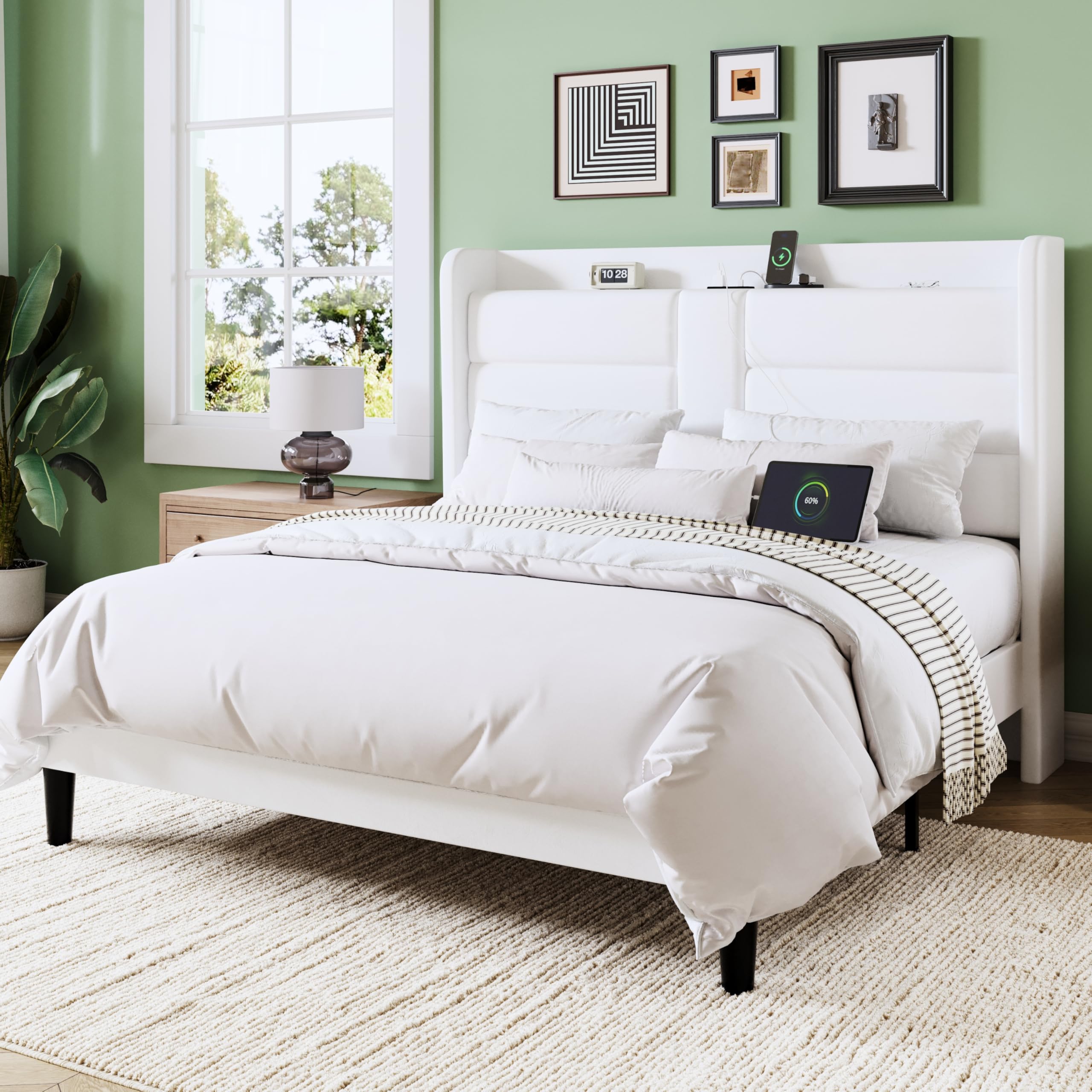 Allewie Full Size Platform Bed Frame with Charging Station & Storage Headboard, Upholstered Velvet Wingback Design & USB Port, Strong Wooden Slats