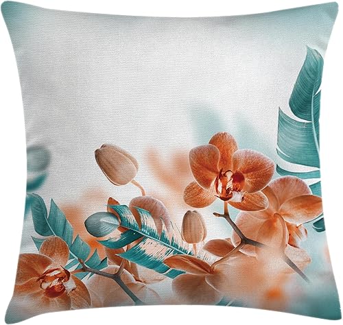 Ambesonne Funda de cojín tropical, orquídeas exóticas, hojas de flores sobre fondo borroso, arte moderno con temática floral, funda de almohada