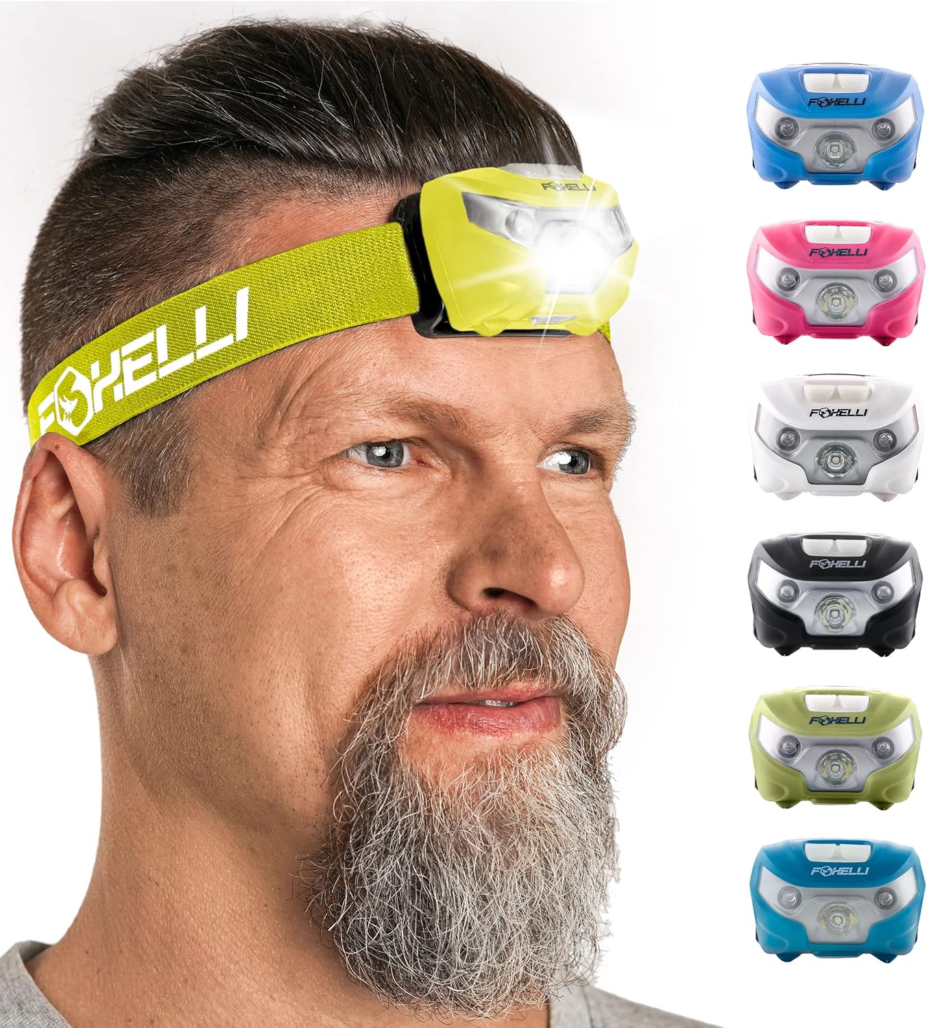 Foxelli Rechargeable Headlamp Bundle of 2 – Yellow & Pink: Super Bright LED Head Lamps, Lightweight & Comfortable for Running, Camping, Hiking & Work