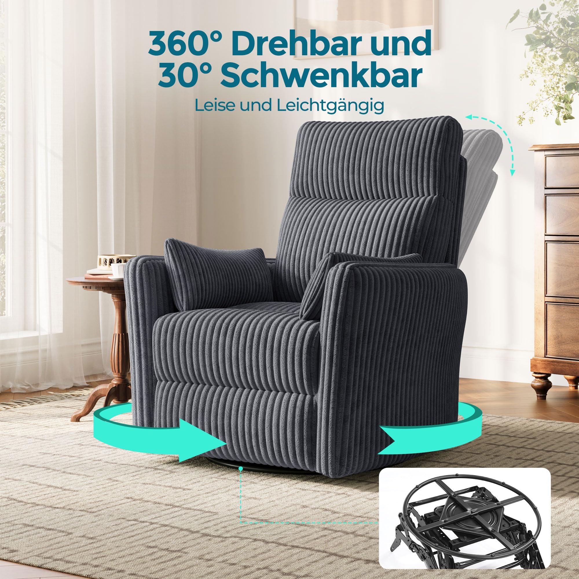 LINSY HOME 360 Swivel Nursery Relaxsessel, Corduroy TV Sessel mit 2 Kissen, Komfortabler High Back Sessel mit Liegefunktion für Kleine Räume, Kinderzimmer, Schlafzimmer, Wohnzimmer, Grau