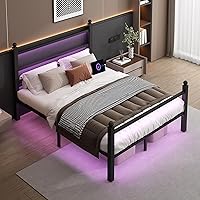 Vista 5 de Marco de cama Full Size con cabecero y piecero, soporte de listones de acero - Marco de cama LED con estación de carga USB, base de colchón