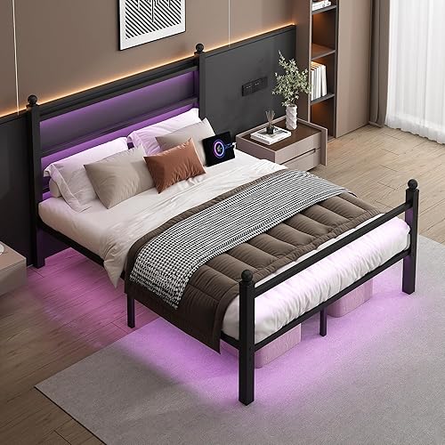 Miniatura 5 de Base de cama tamaño queen con cabecera y estribo, soporte de listones de acero - Base de cama LED con estación de carga USB, base de colchón -