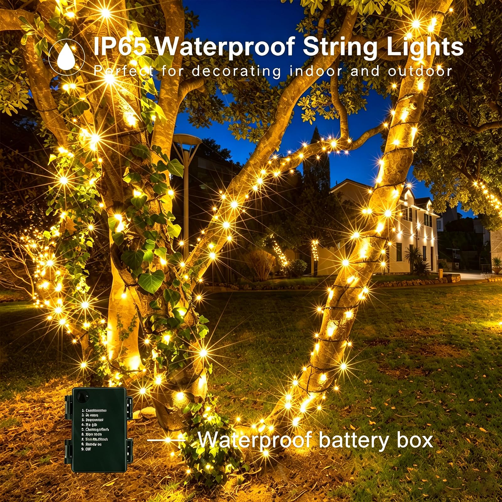 Lot de 4 guirlandes lumineuses de Noël de 40 m à piles pour intérieur/extérieur, minuterie et 8 modes avec fil vert, guirlande lumineuse étanche pour sapin de Noël, jardin (blanc chaud)