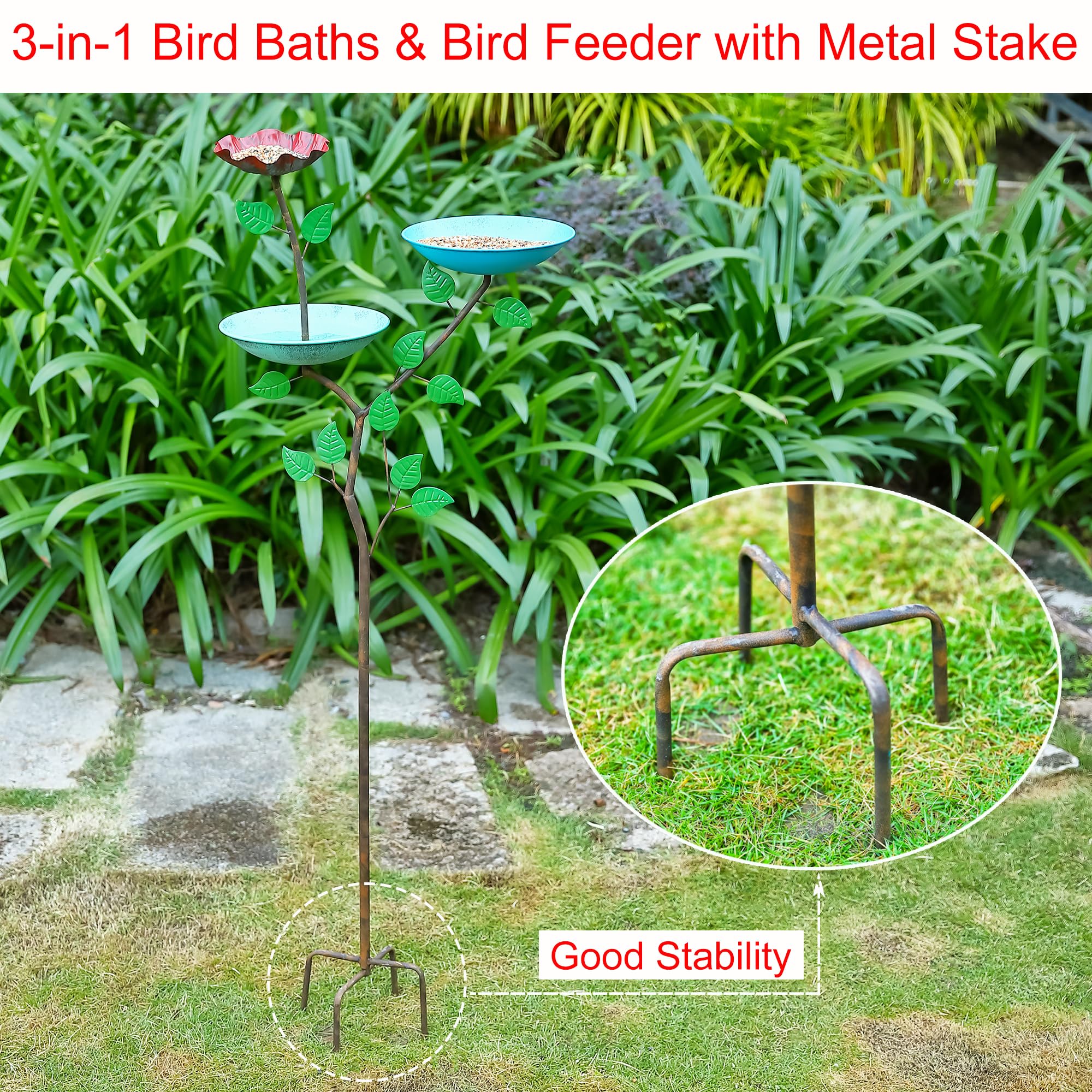 Vogeltränke für den Außenbereich, 152,4 cm H Vogeltränke und Futterspender für draußen, Metall-Vogeltränke und Futterstation, dekorative Vogeltränke für den Außenbereich mit 4-Zinken-Basis für