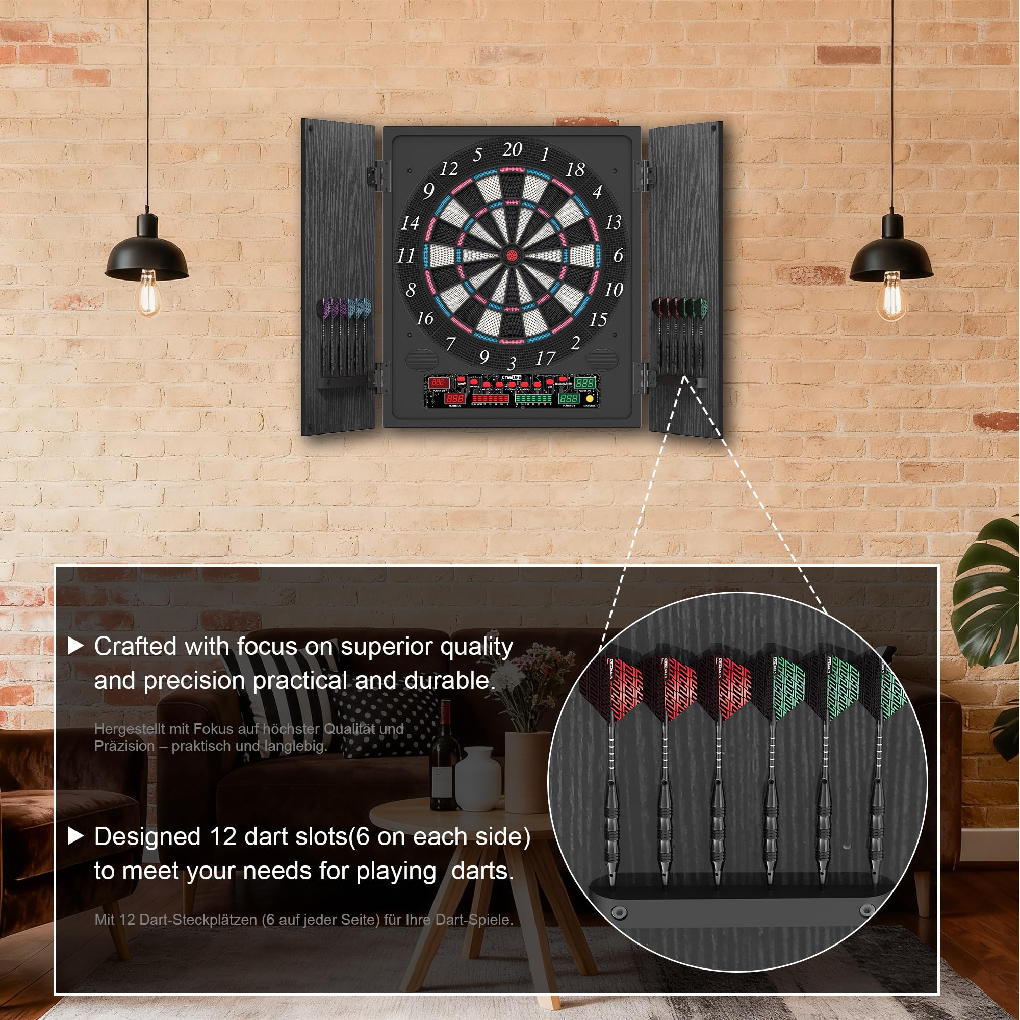 CyeeLife Bersaglio elettronico per freccette con armadio in legno, bersaglio elettronico con 34 giochi e 355 varianti, modalità 8 giocatori, display LED, voce tedesca