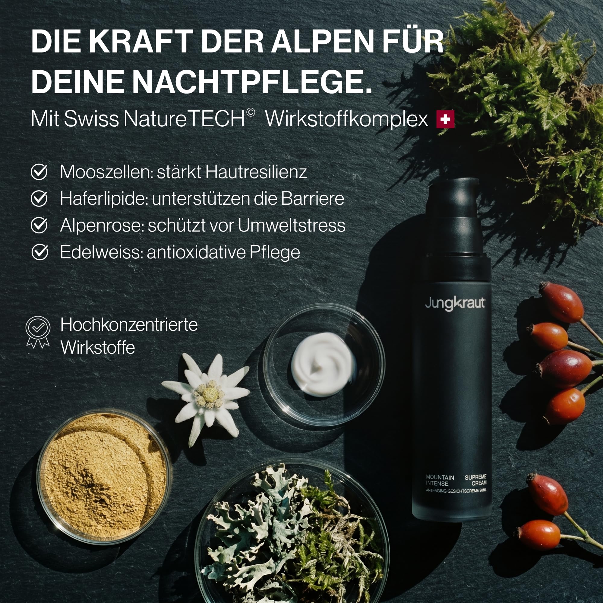 Mountain Supreme Anti-Aging Gesichtscreme für Männer 50ml, Feuchtigkeitscreme mit Mooszellen-Technologie, 6 Wirkstoffe, reduziert Falten, 24h Feuchtigkeit, reichhaltig, natürlich, Swiss Made