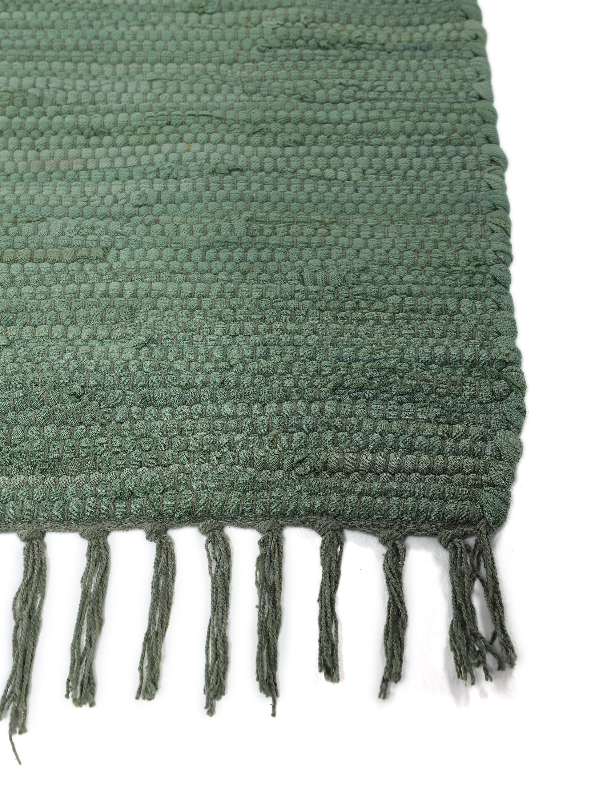 carpetfine Tappeto a tessitura Kilim Chindi Uni verde 140x200 cm, tessuto a mano | Tappeto moderno reversibile in cotone per soggiorno e camera da letto con frange