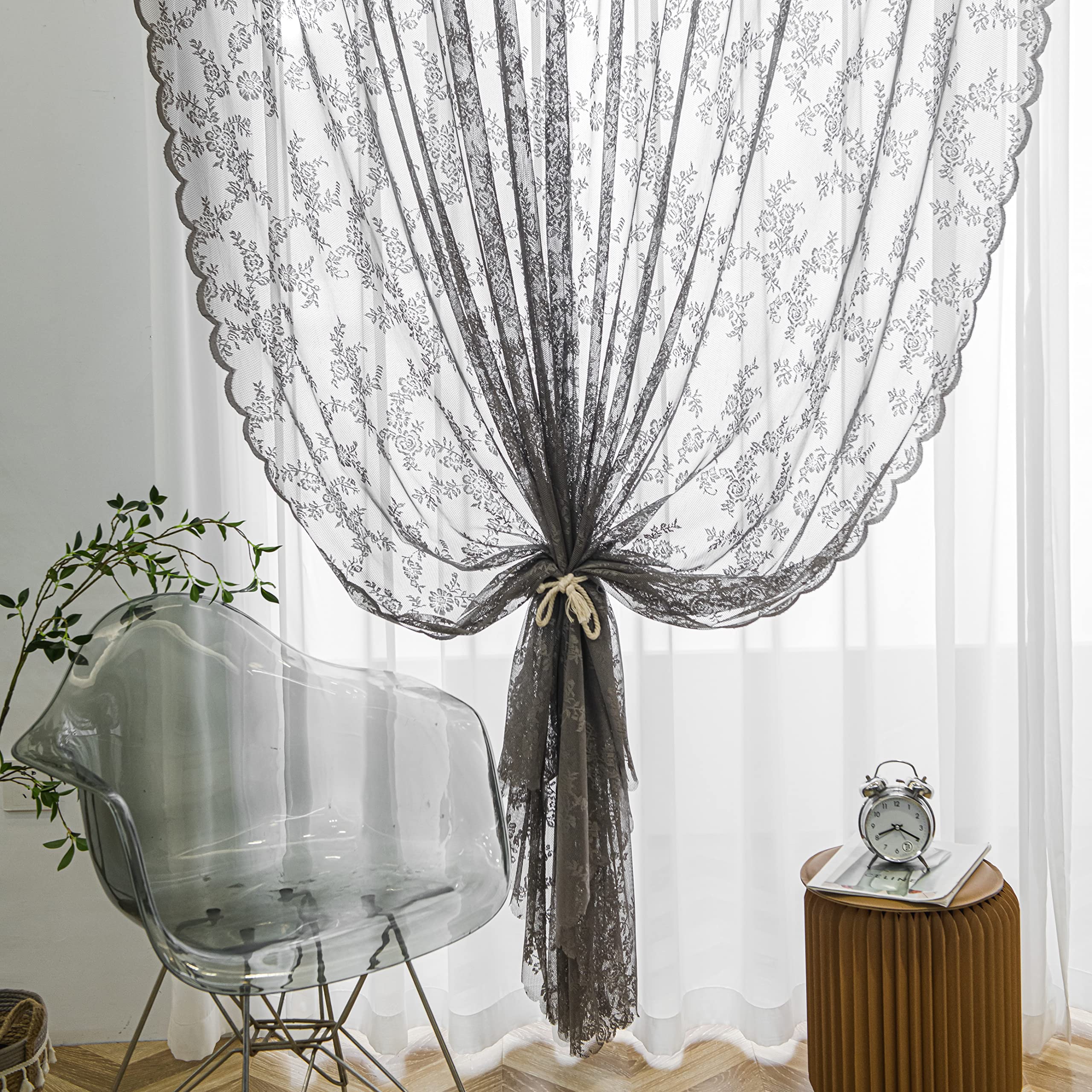 Amazon｜Sutuo Home グレーレースカーテン 長さ96インチ 2パネル