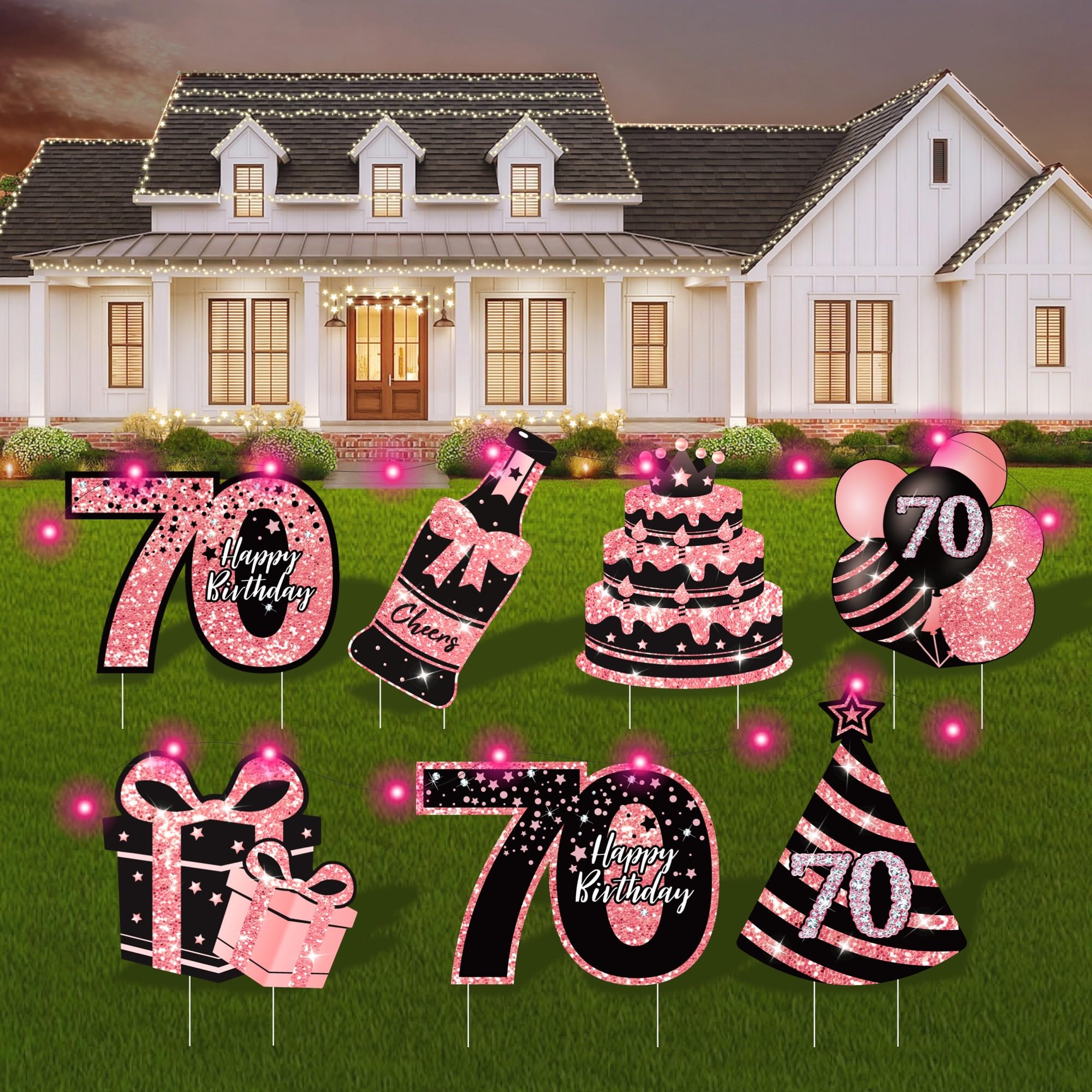 70th Birthday Yard Signs with Stakes, 7 Pcs Pink 70th Birthday Decorations with LED Lights and Double-Sided Tape, Women Birthday Decor for Outdoor and Indoor Birthday Parties