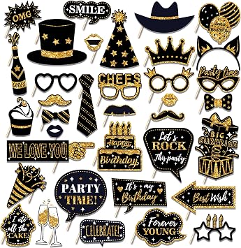 35PCS Black Gold Party Photo Booth Props - Happy Birthday Decoration