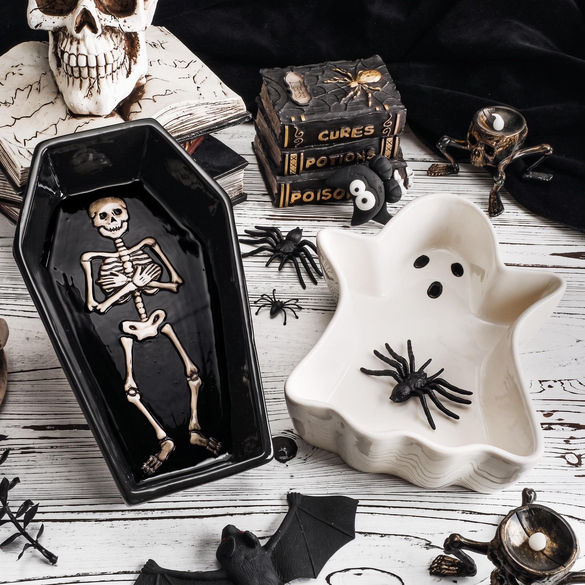 2 Pcs Halloween Ghost Coffin Candy Bowls Ceramic White Black Skeleton