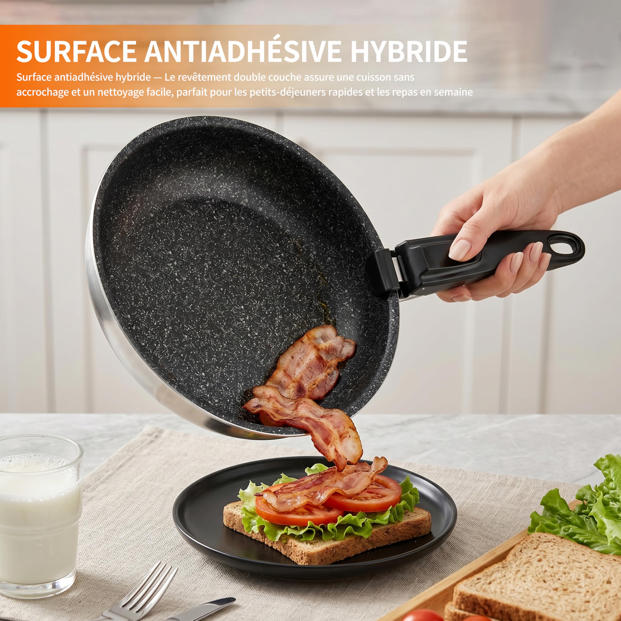 Kiseely Set of 3 Removable Stainless Steel Frying Pans with Cold Handle and Removable Handle, Non-Stick Coating, Suitable for Induction & Oven, Dishwasher (SW2)