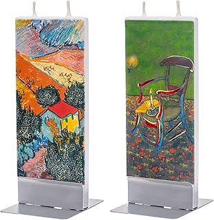 Flatyz - Juego de 2 velas especiales planas de Van Gogh paisaje con casa y Ackermann y silla, hechas a mano, inodoras, larga duración de 3-4 horas, 60 x 10 x 150 mm.