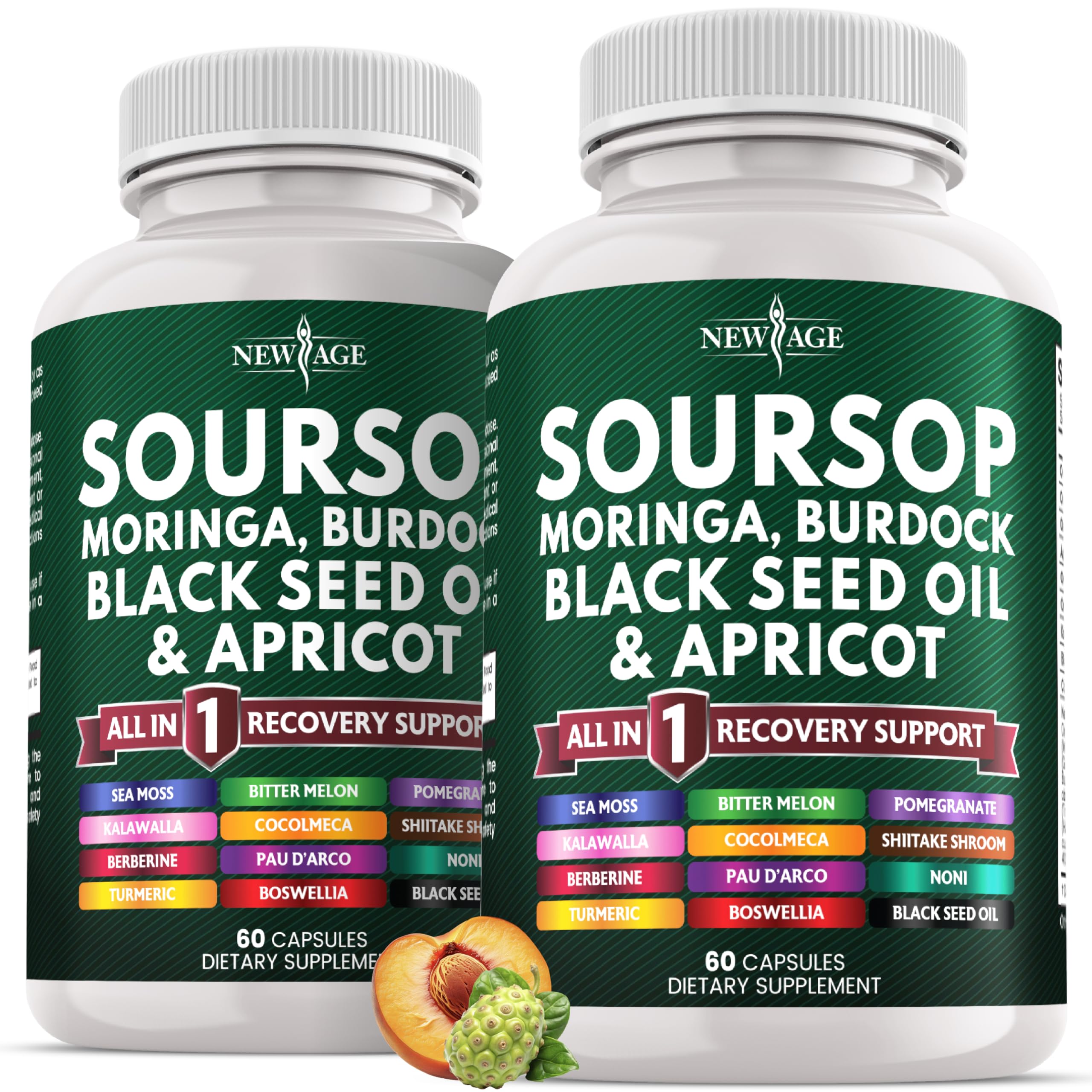 NEW AGE Soursop Supplement - Moringa, Sea Moss, Black Seed Oil, Berberine, Turmeric, Apricot, Quercetin, Greens, Bitters, Boswellia, Bitter Melon, Burdock Root - 120 Capsules
