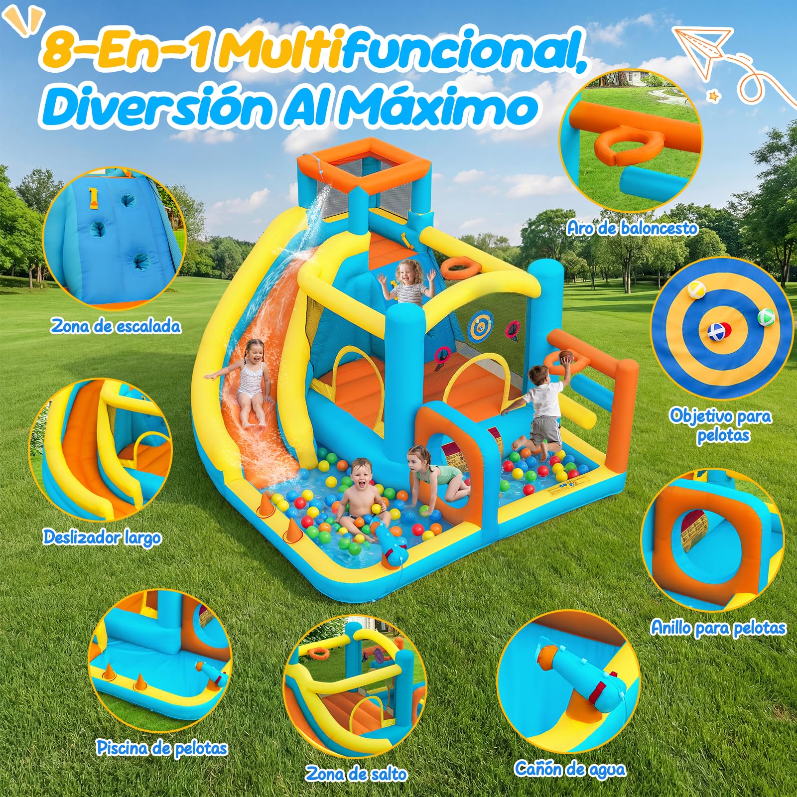 Castillo Hinchable con Tobogán Acuático, Soplador Incluido, Piscina de Bolas, Zona de Saltos y Rocódromo, para Uso Interior y Exterior, Ideal para Parques y Fiestas Familiares