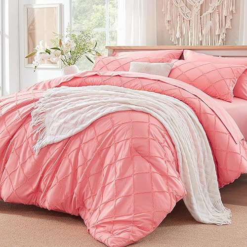 Miniatura 2 de Juego de edredón rosa coral con diseño copetudo, juegos de ropa de cama de granja para todas las estaciones, cama Queen suave de 7 piezas en una