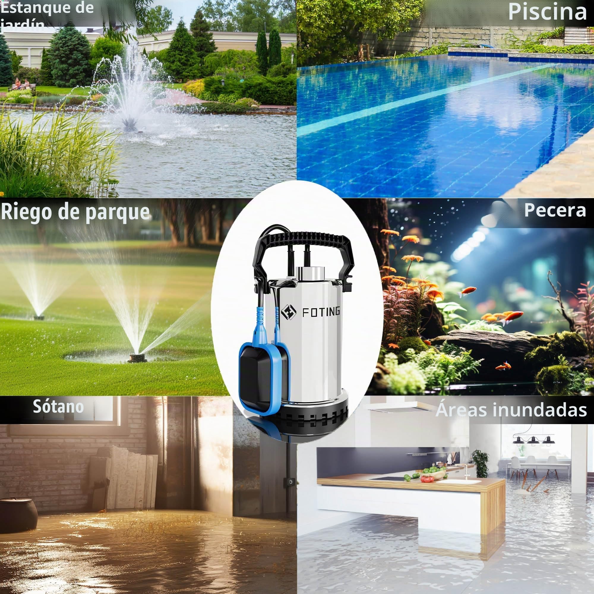 FOTING Bomba de agua Sumergible 400W, capacidad de 8.250 l/h, Altura máxima de suministro 7 m, inmersión máx. 7 m, interruptor de flotador, nivel mín. 7 mm, para jardín y depósitos