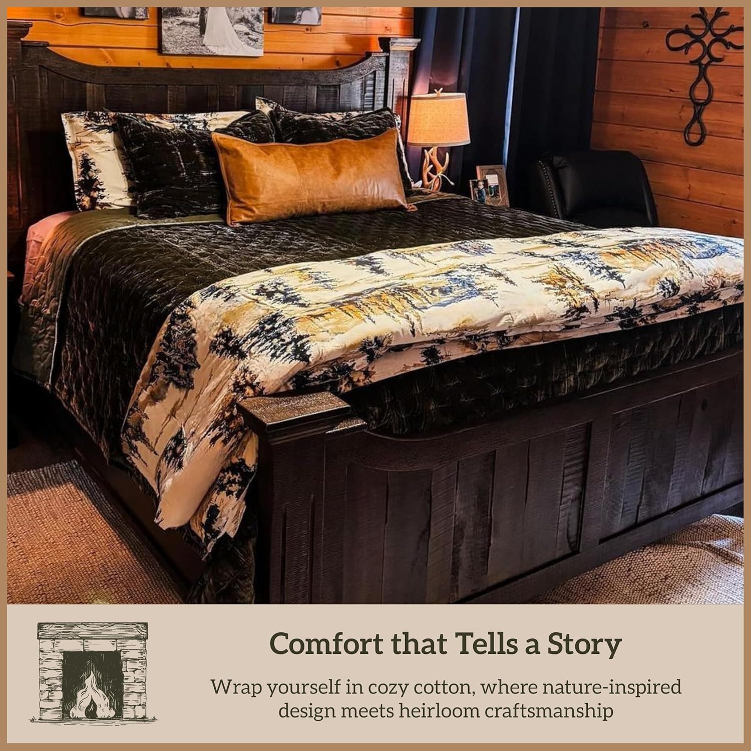 Paseo Road Cabin Bedding Acadia 3 Piece Lodge Comforter Set with Pillow Shams, Queen Forest Bedding, Cotton Pine Trees Comforter Set, Woodland Nature Western Rustic Bed Set