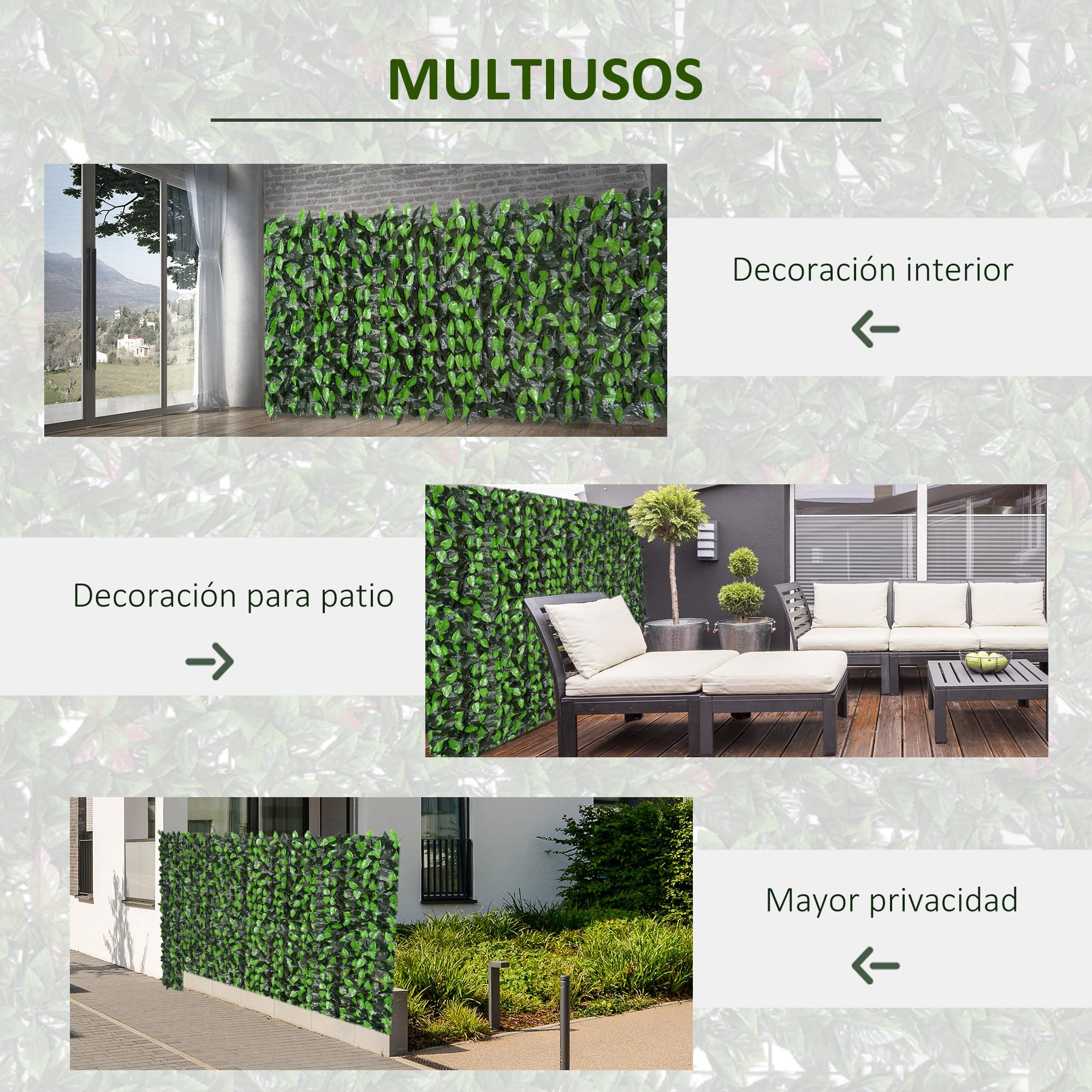 Outsunny Seto Artificial en Rollo 3x1 m Pantalla de Cerca de Privacidad para Balcón Valla Jardín Exterior Planta Decorativa de Pared PE Fácil Montaje Verde