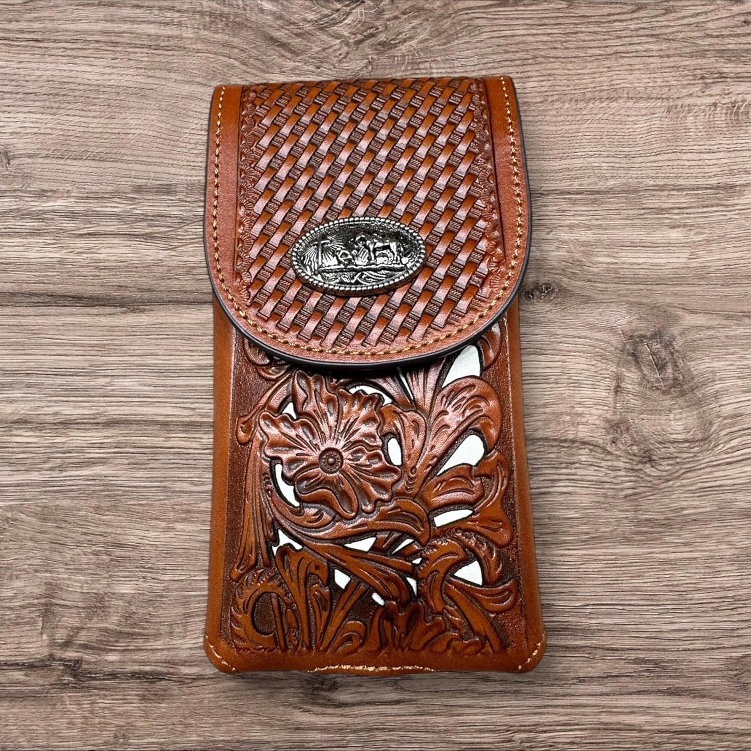 XXL Western Leather Phone Holster – Laser Cut Floral & Basket Weave – Cowboy Praying at Cross Concho – Oversized Belt Clip Case