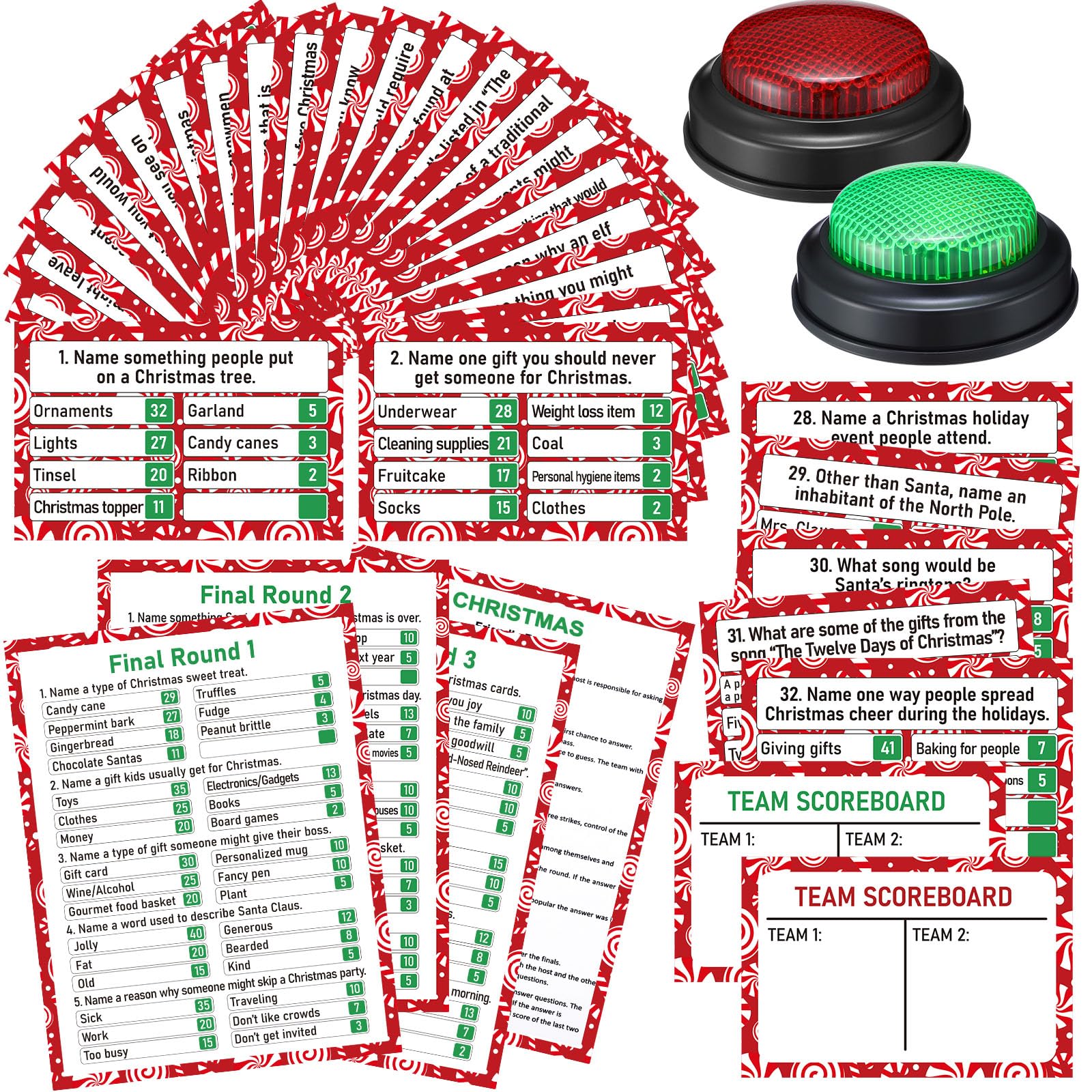 Vinsot Juego de 50 piezas de feudo con respuesta, zumbador, juego de fiesta de pelea de Navidad, divertido juego de preguntas familiares para vacaciones, fiesta de Navidad, oficina, grupos de adultos