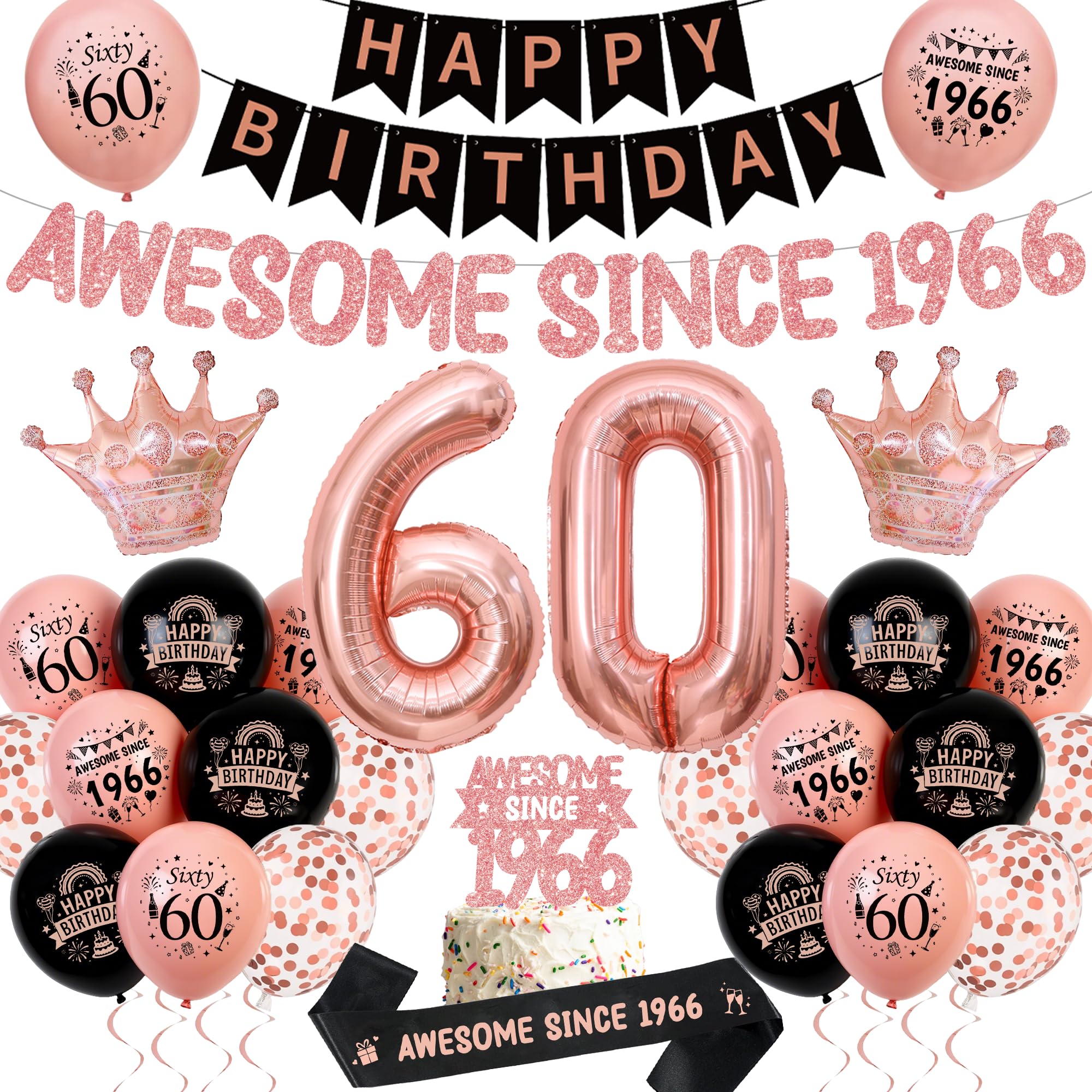 60th Birthday Decorations for Women, Awesome Since 1966 Banner Balloons