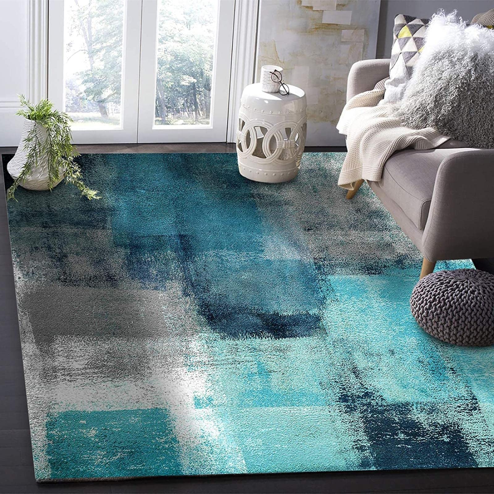 Tappeto Salotto Moderno a Turchese E Grigio Teal Graffiti Arte Astratta, 140 x 200 cm Tappeti Antiscivolo, Tappetone Antimacchia - per Decor del Pavimento del Soggiorno