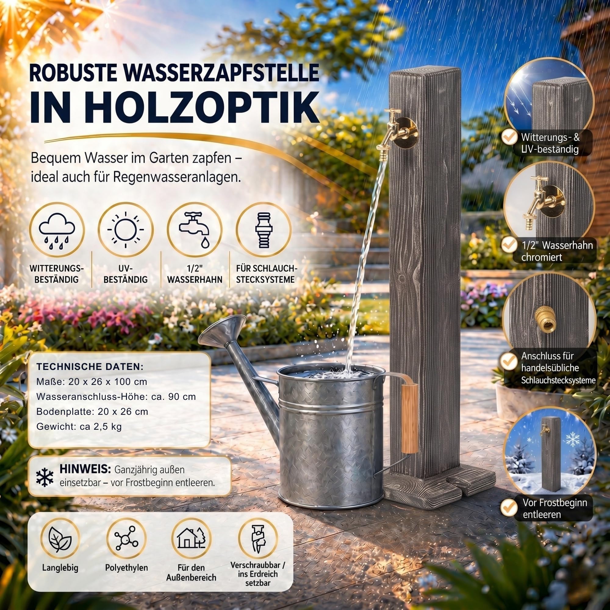 YourCasa Forest Wassersäule Garten Holz-Optik | Wasserzapfsäule mit Wasserhahn 100 cm Standbrunnen Zapfstelle Außenbereich Witterungsbeständig Frostsicher UV-stabil
