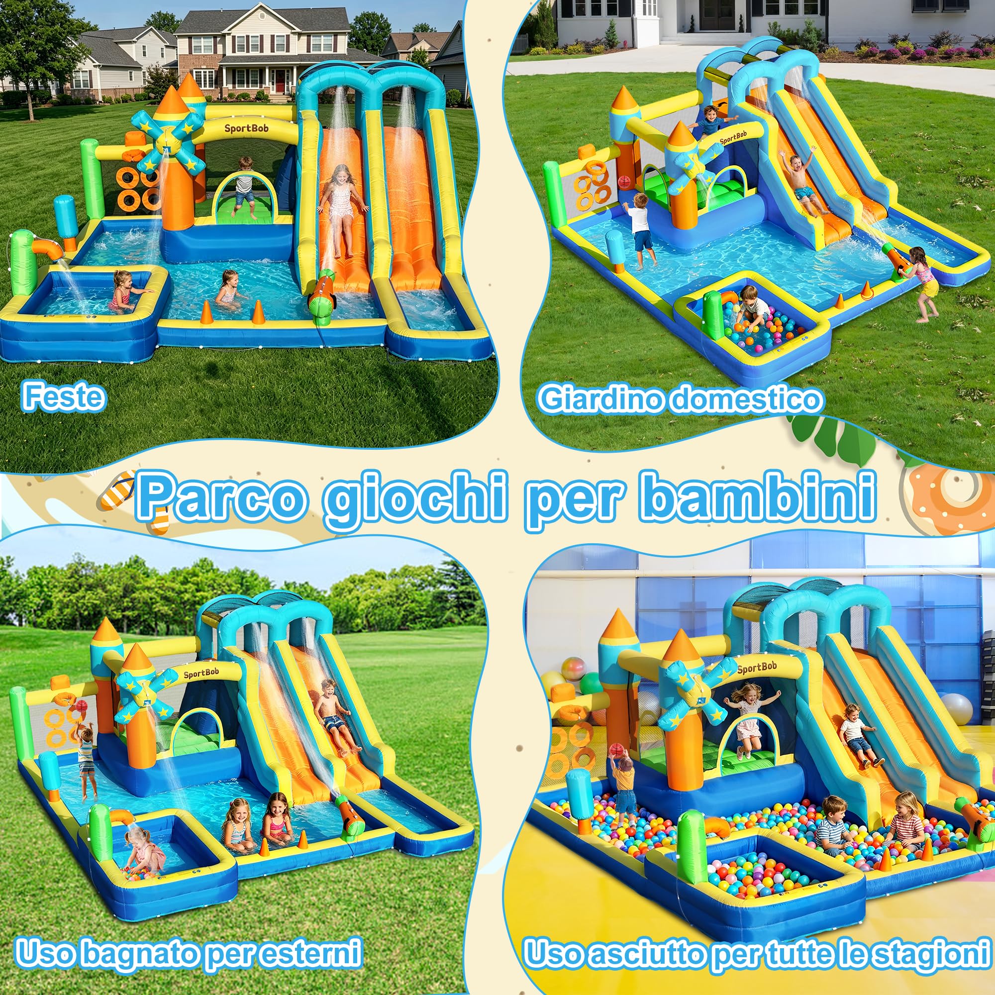 Castello gonfiabile con doppio scivolo, ventola, piscina per bambini, area per salti e parete da arrampicata, ideale per uso interno ed esterno, riunioni di famiglia e occasioni di compleanno