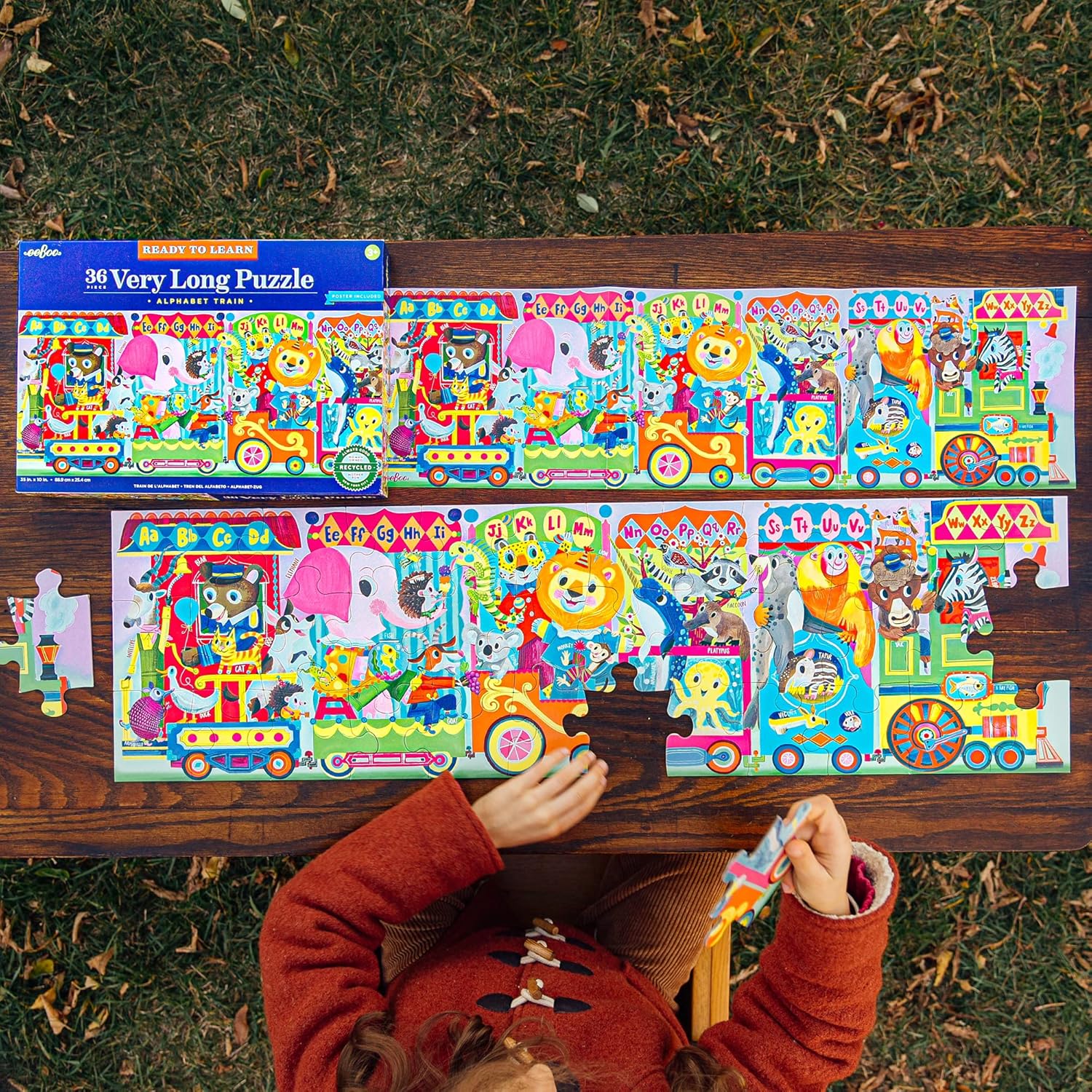 eeBoo: Alphabet Train 36 Piece Long Puzzle with Poster for Kids, Encourages Hand-Eye Coordination, Fine Motor Skills, and Problem Sloving, 35" x 10" Once Completed, For Ages 3 and up
